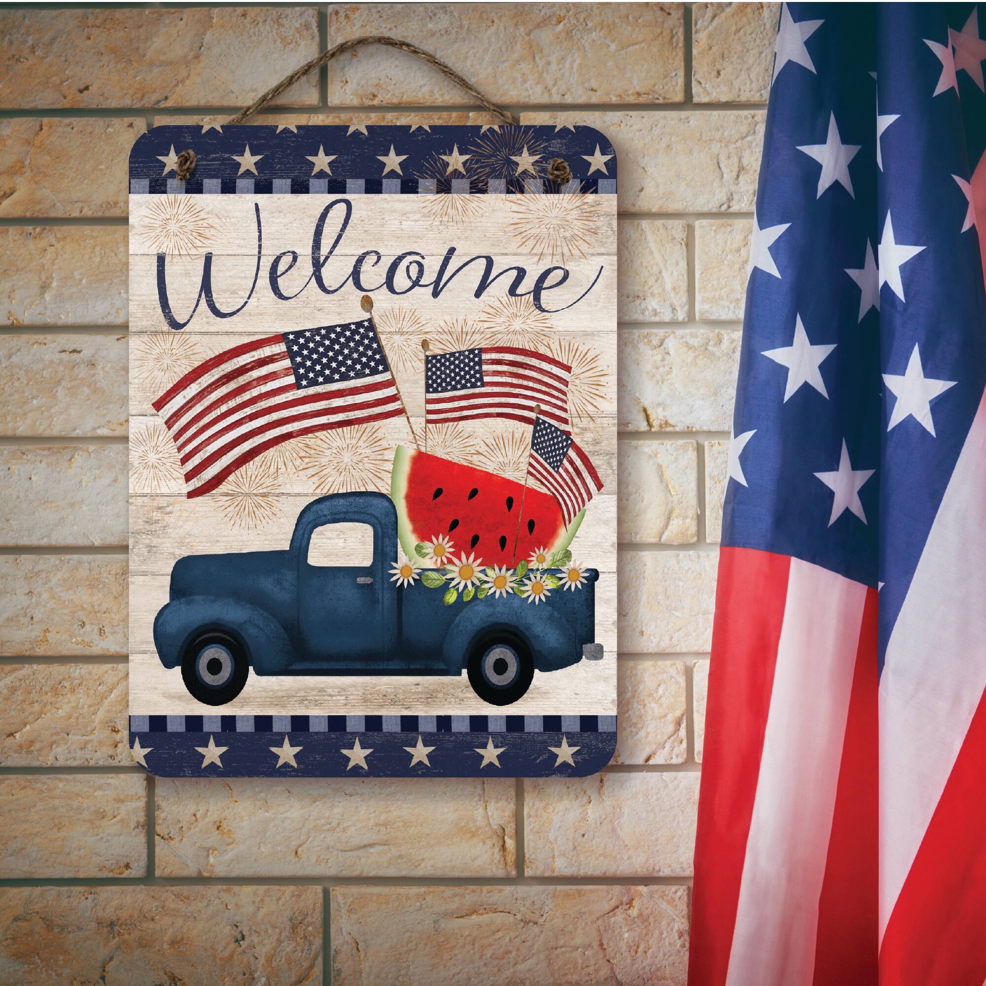 Courtside Market® Celebrate 250™ 12" x 16" Wounded Warrior Project® Blue Truck Patriotic Hanging Wooden Artboard with Twine