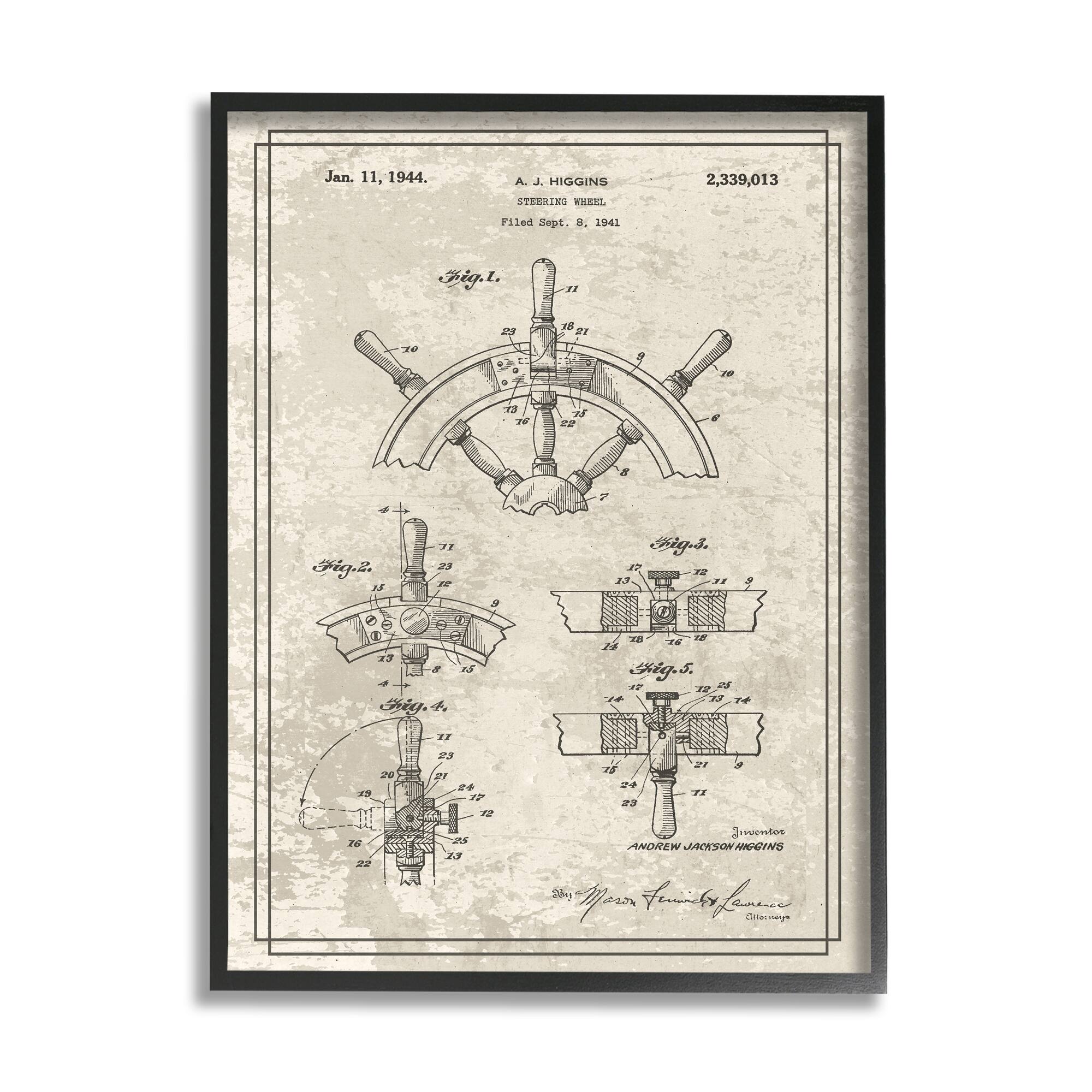 Stupell Industries Vintage Ship Steering Wheel Diagram Interior View in Black Frame Wall Art
