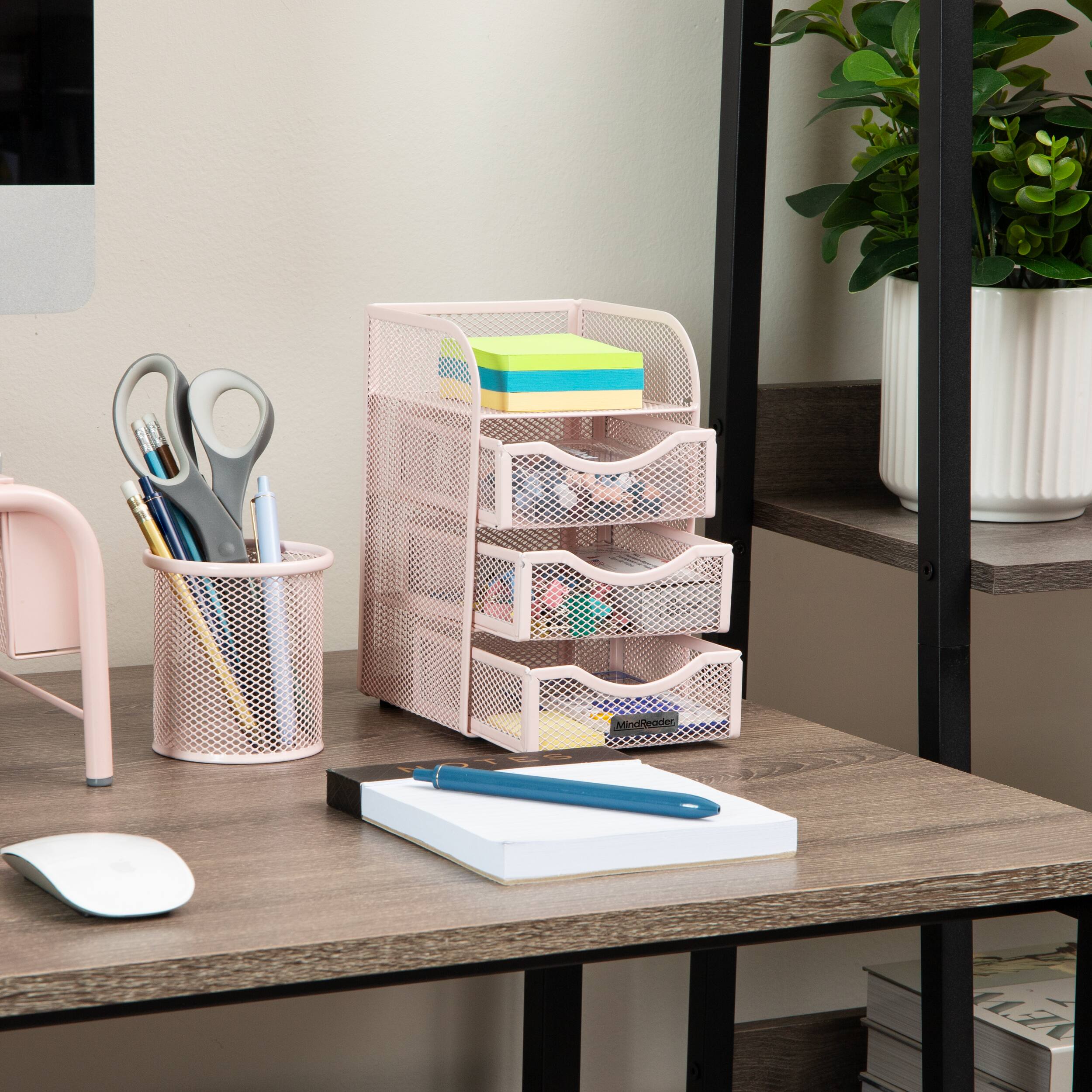 Mind Reader Pink 3 Drawers Mini Desk Office Supplies Organizer