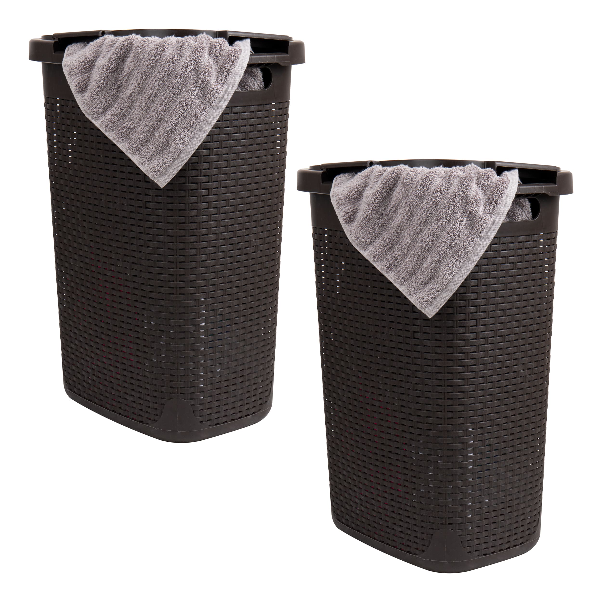 Mind Reader 60L Ventilated Slim Laundry Hamper with Cut Out Handles & Attached Hinged Lid, 2ct.