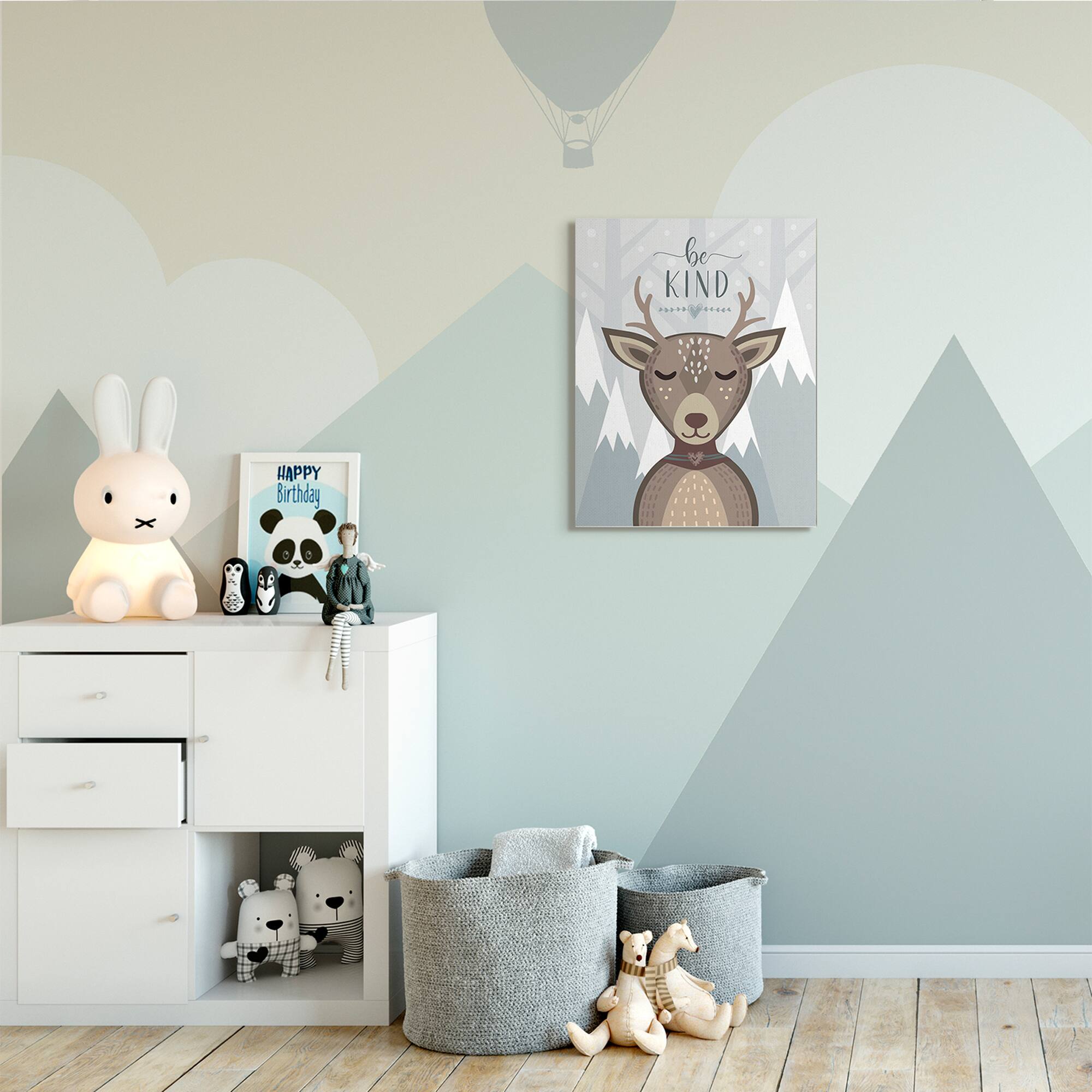 Stupell Industries Be Kind Sentiment Cartoon Deer Snowy Mountains Wall Art