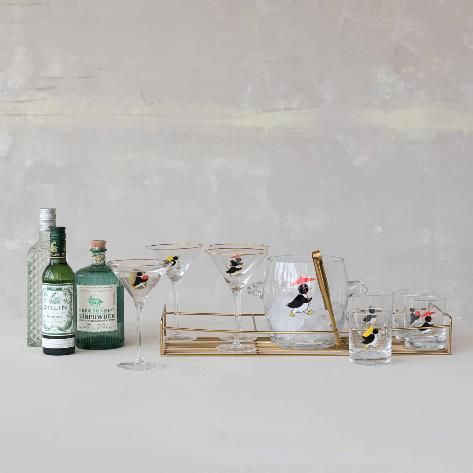 Hello Honey 11-Piece Vintage Reproduction Glass Barware Set with Penguin Decal, Gold Finish