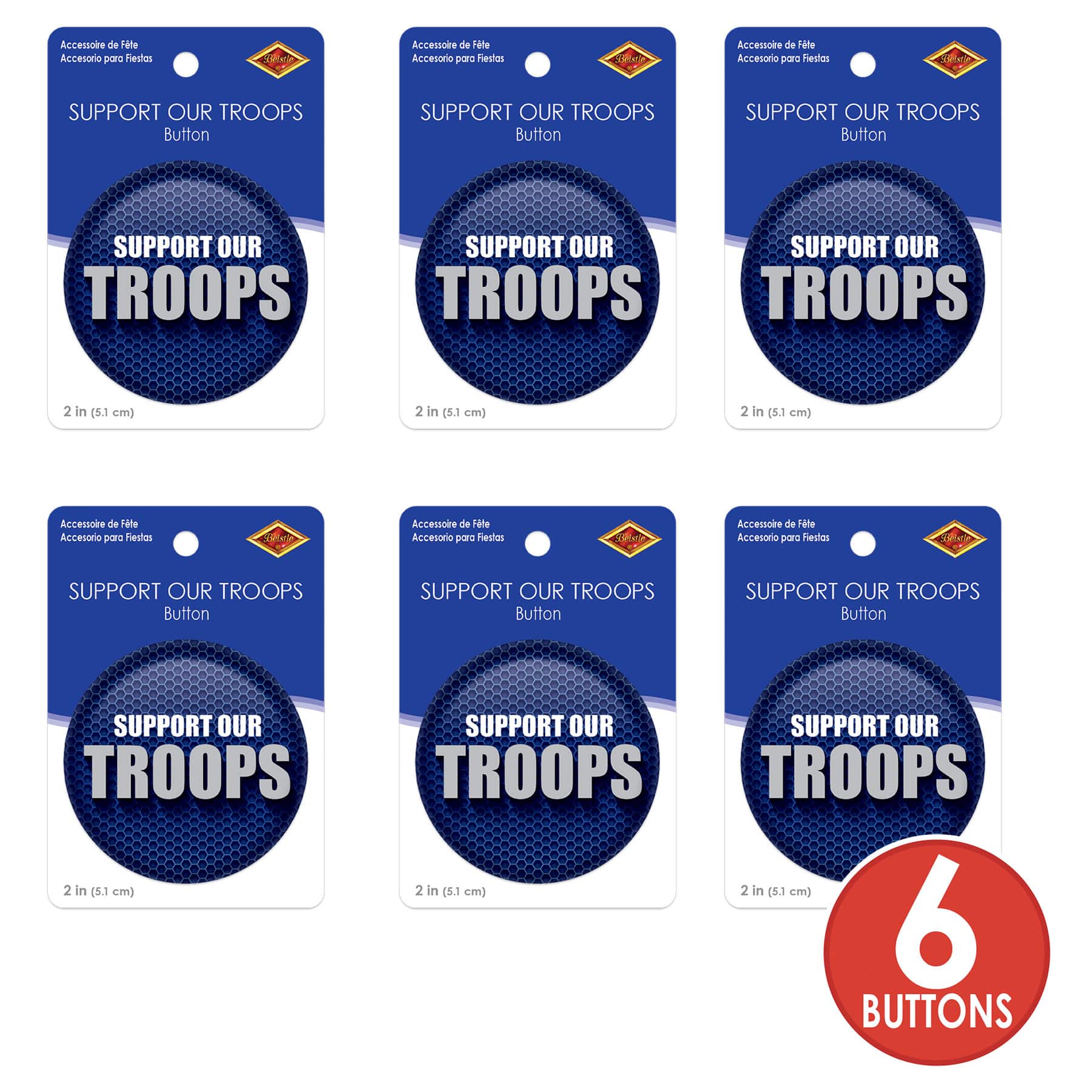 Beistle 2" Blue & Silver Support Our Troops Buttons, 6ct.