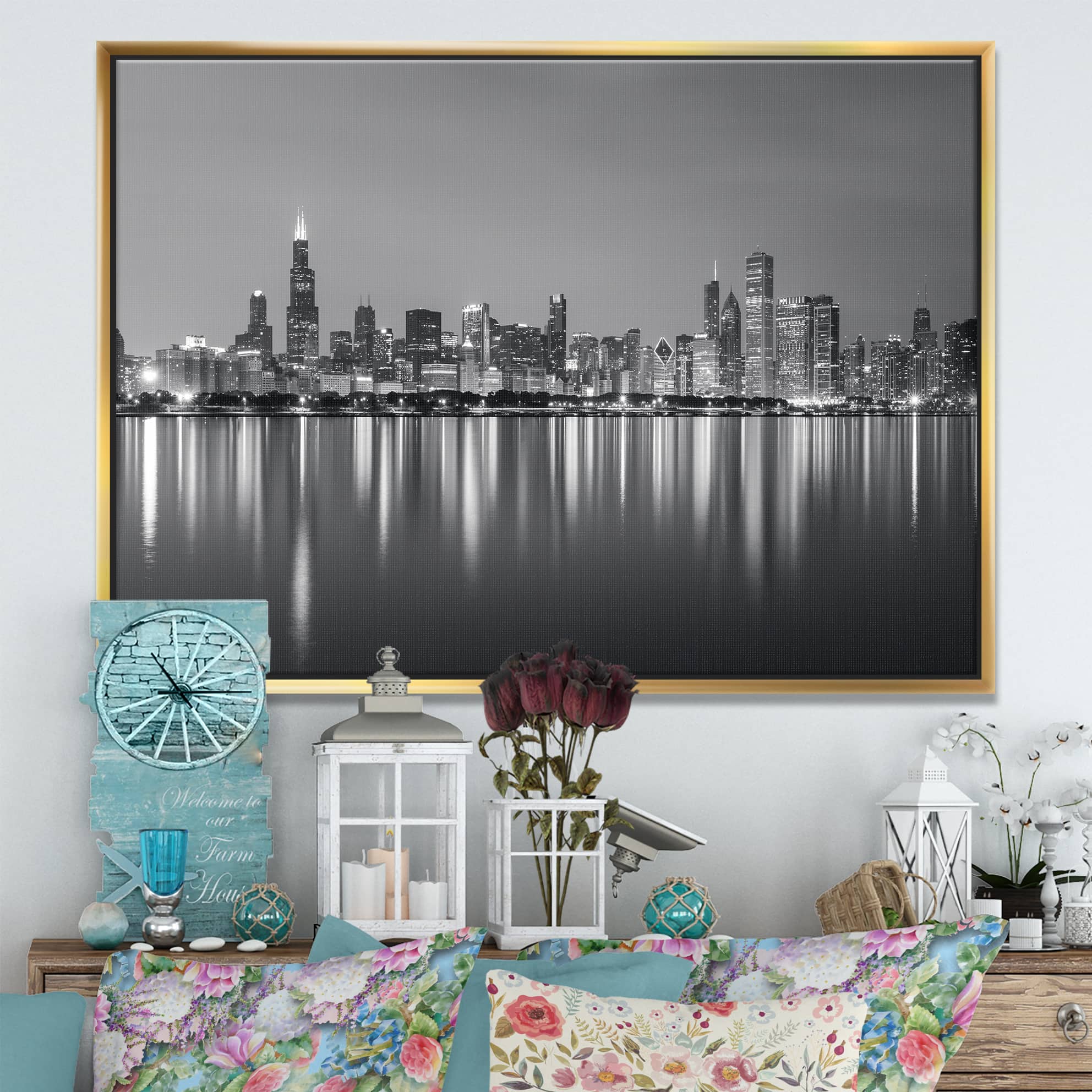 Designart - Chicago Skyline at Night Black and White - Cityscape Framed Canvas Print