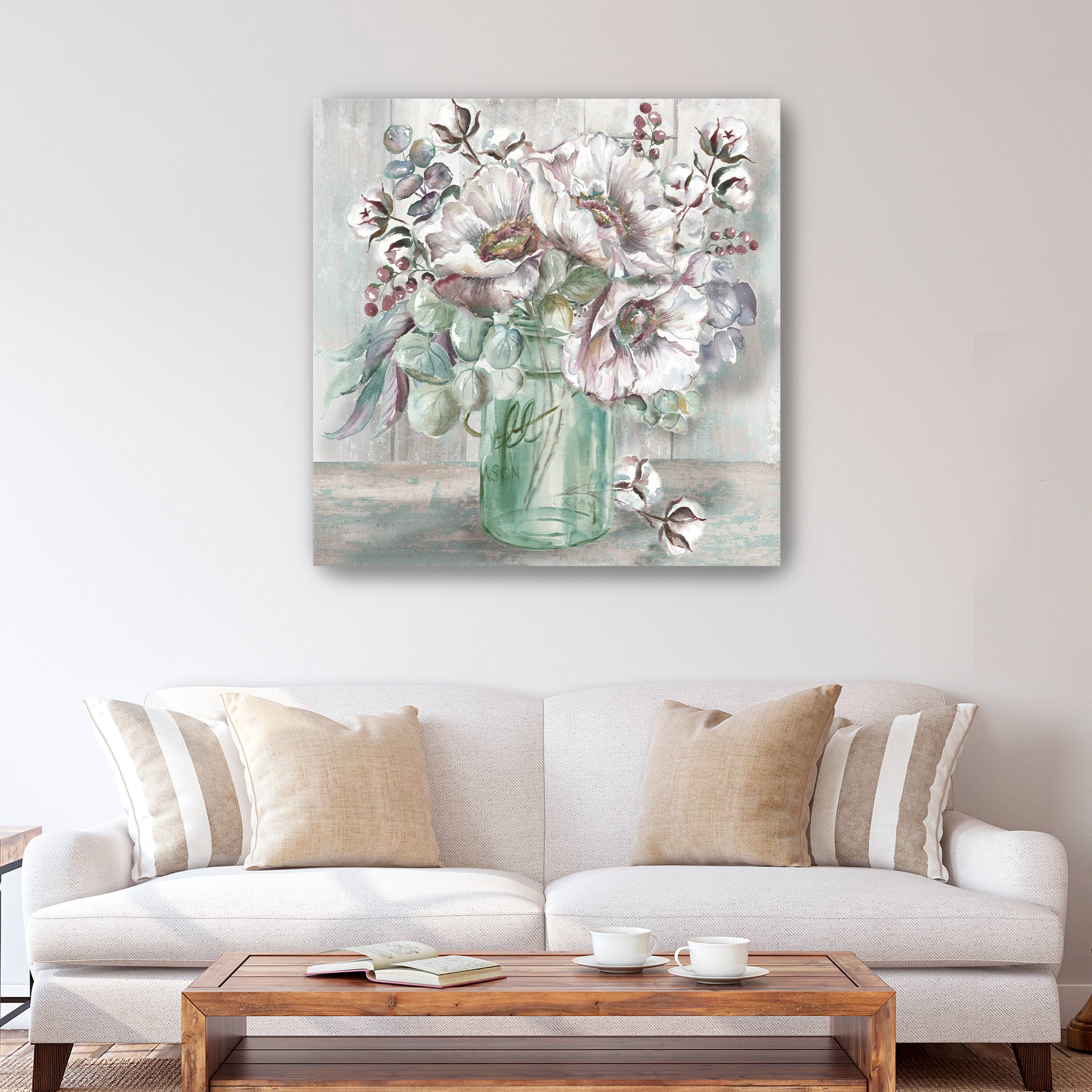 Blush Poppies And Eucalyptus In Mason Jar Canvas Giclee
