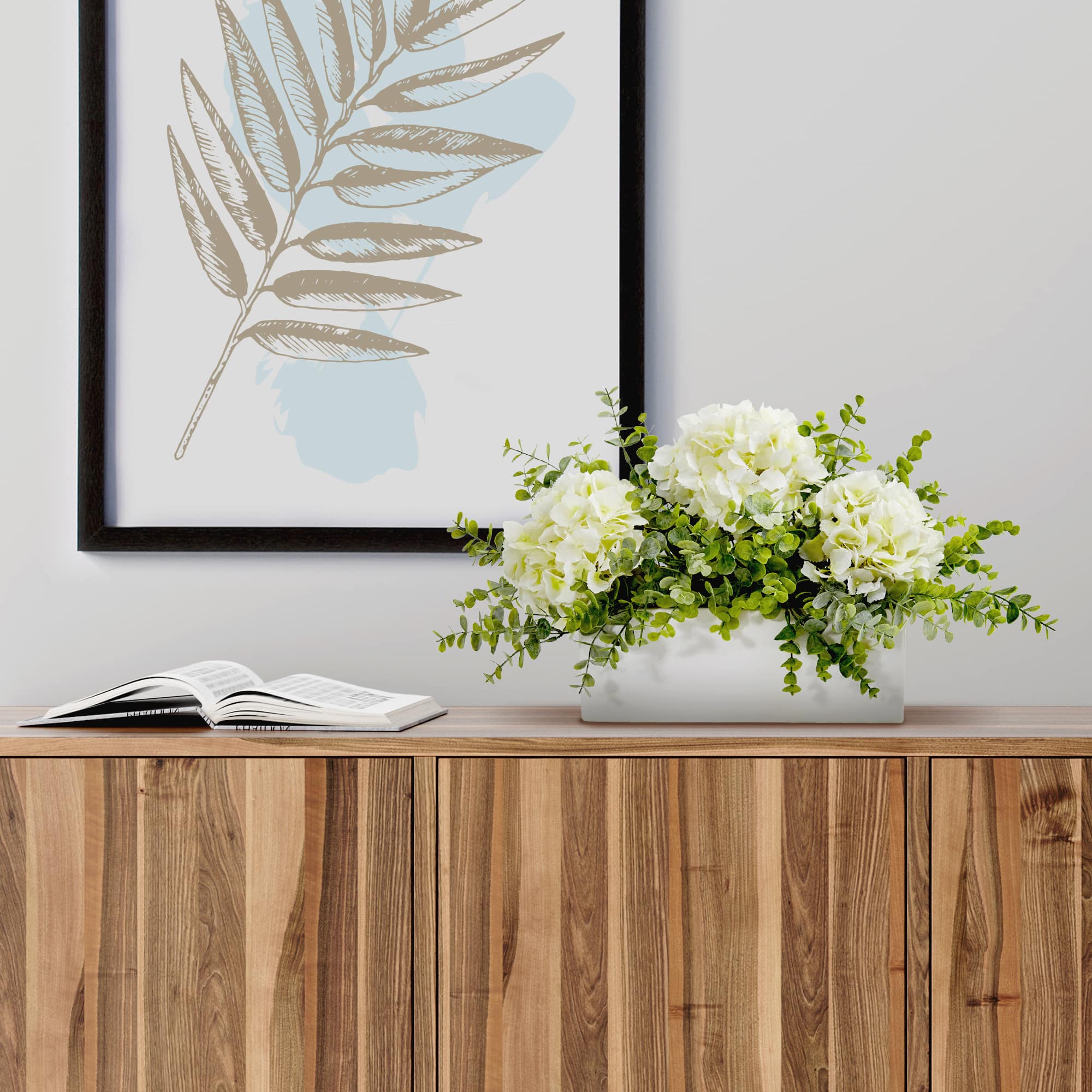 15" Hydrangea & Eucalyptus Artificial Arrangement In White Vase