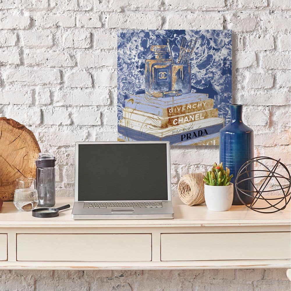 Stupell Industries Fashion Book Pile Glam Designer Accessories Blue Gold Canvas Wall Art