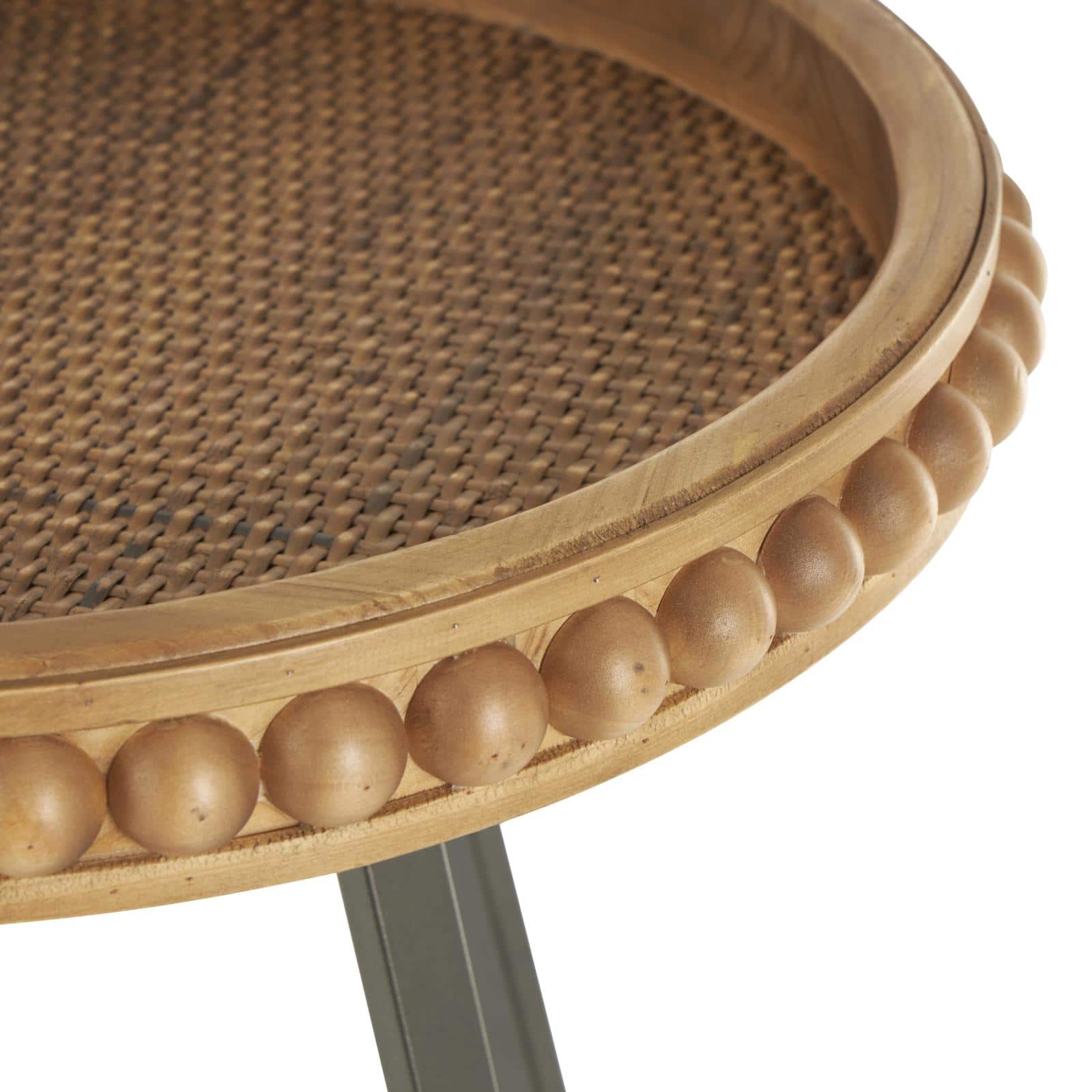 20.5" Brown Wood Beaded Accent Table with Rounded Gray Metal Base & Rattan Accent