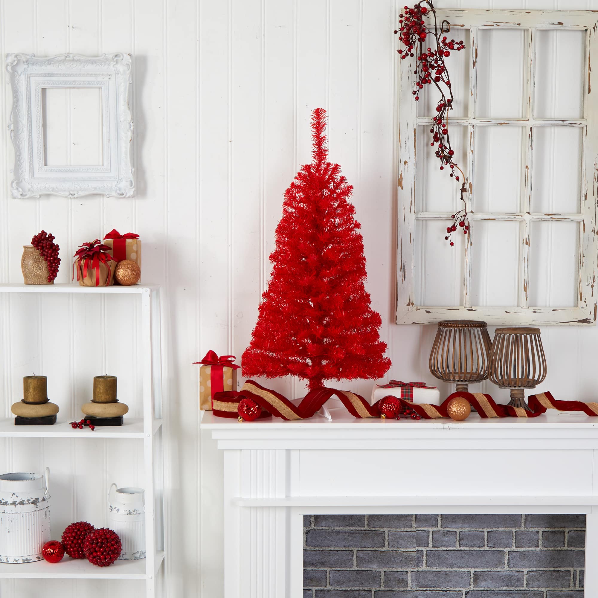 3ft. Pre-Lit Red Artificial Christmas Tree, Warm White LED Lights