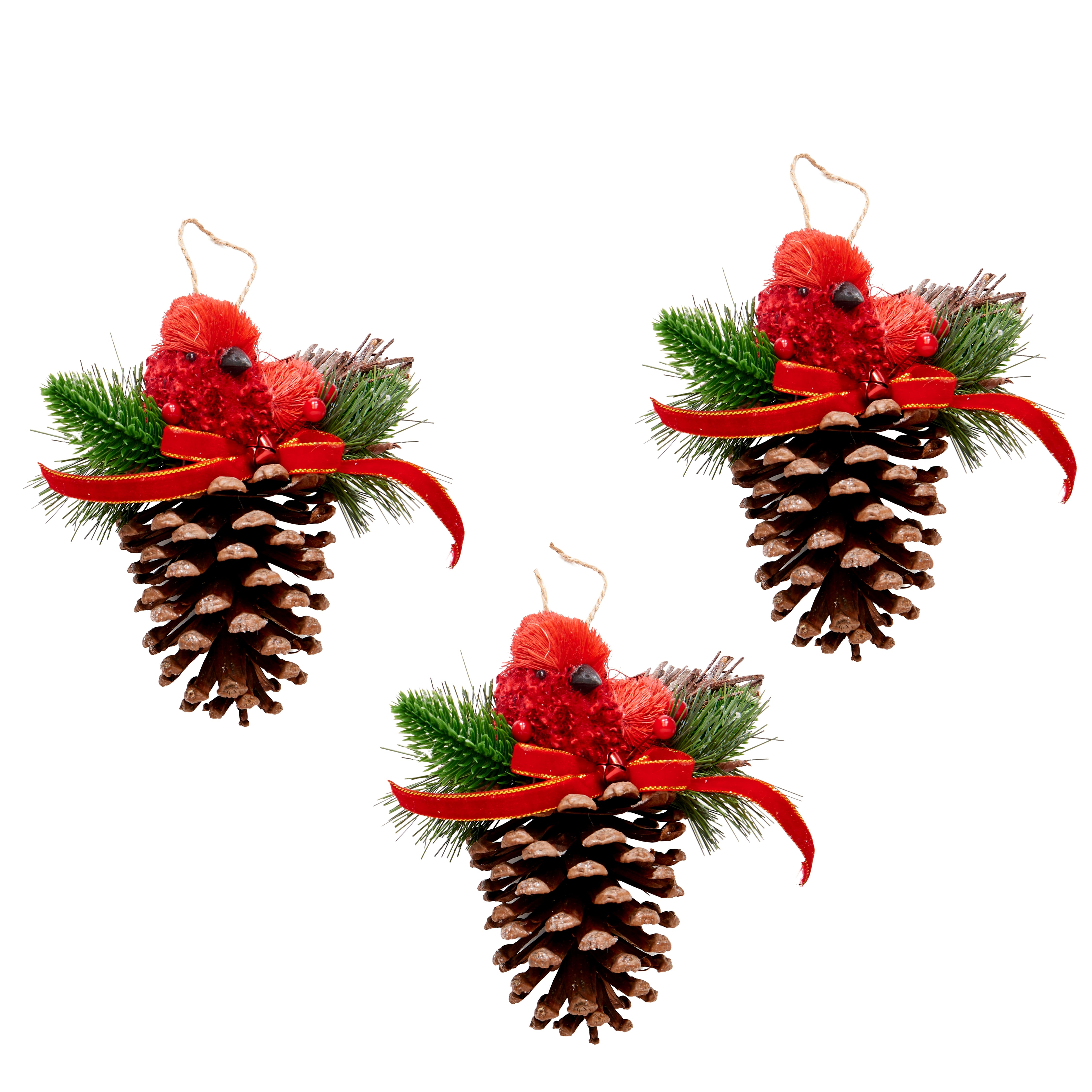 Worth Imports 6.5" Red Sisal Cardinal on Pinecone Ornaments, 3ct.