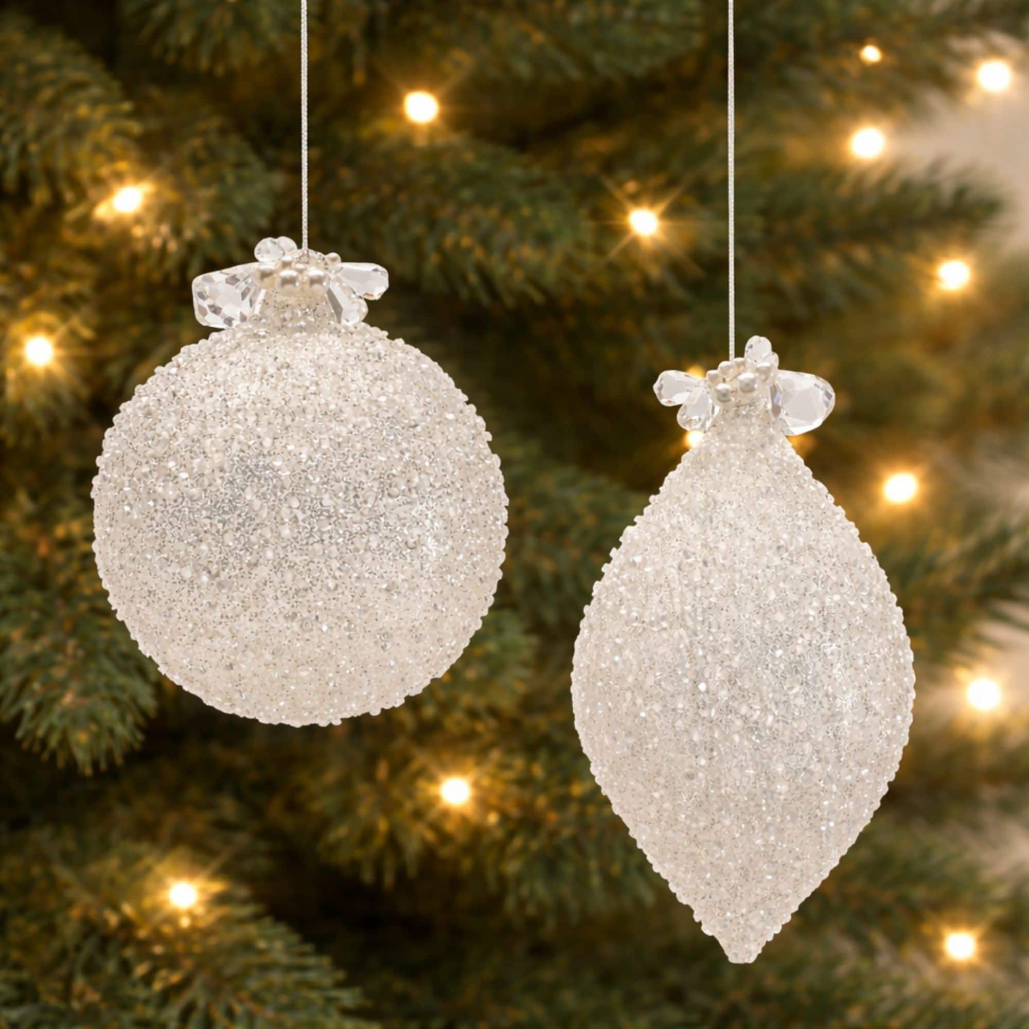 Melrose Silver Glittered Glass Ornaments Set