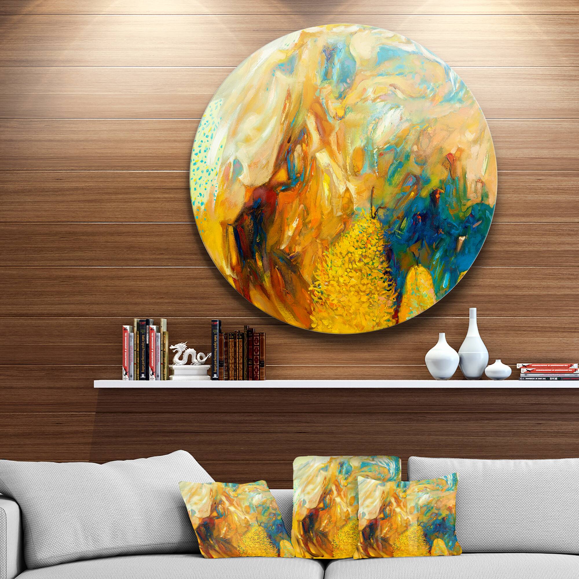 Designart - Abstract Yellow Collage' Large Abstract Metal Circle Wall Art
