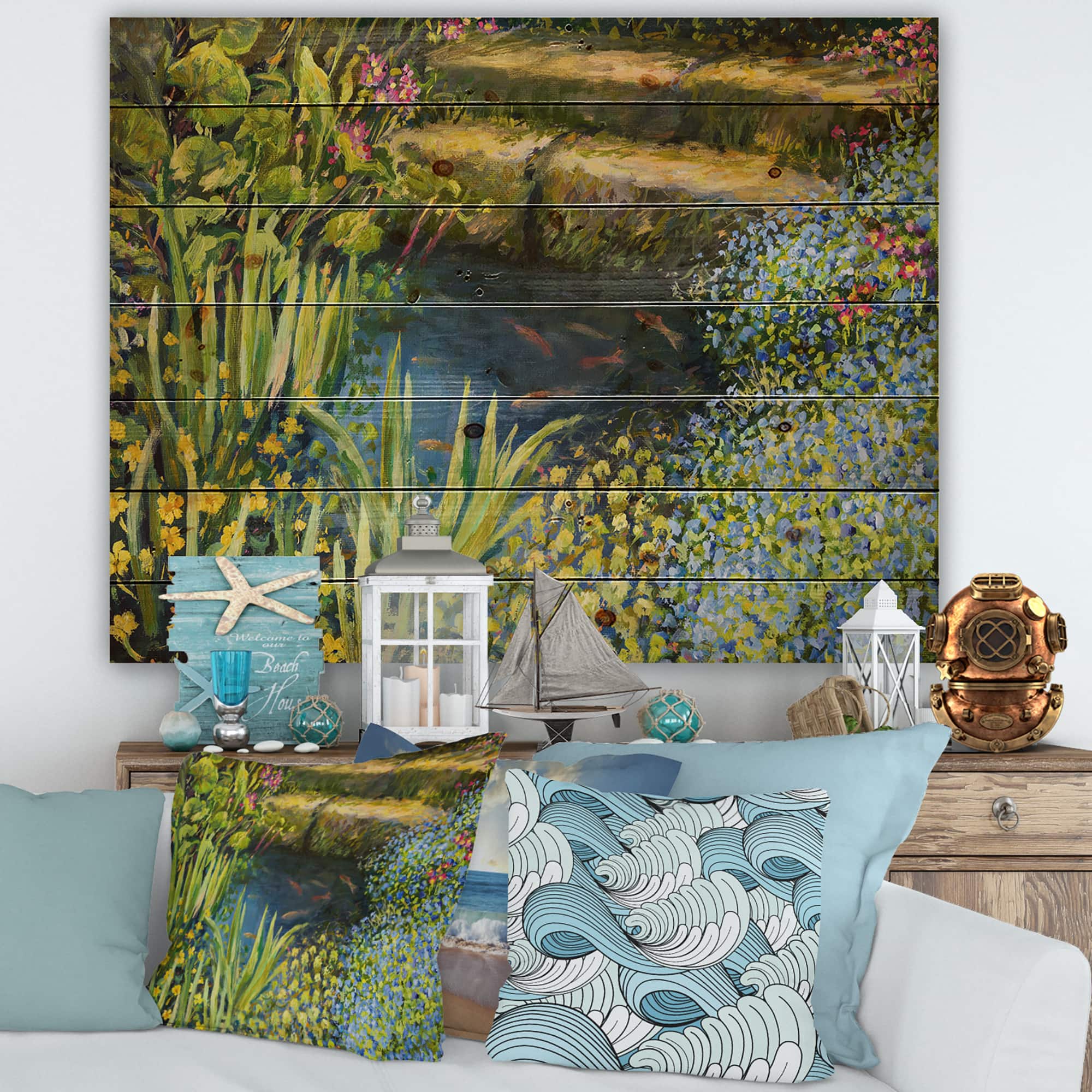 Designart - Colorful Silence At The Lake Side - Lake House Print on Natural Pine Wood