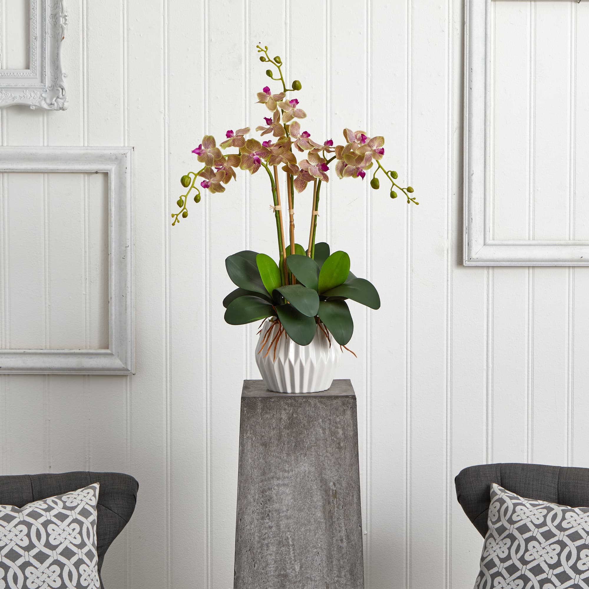 22" Cream & Purple Moth Orchid Silk Arrangement in White Vase