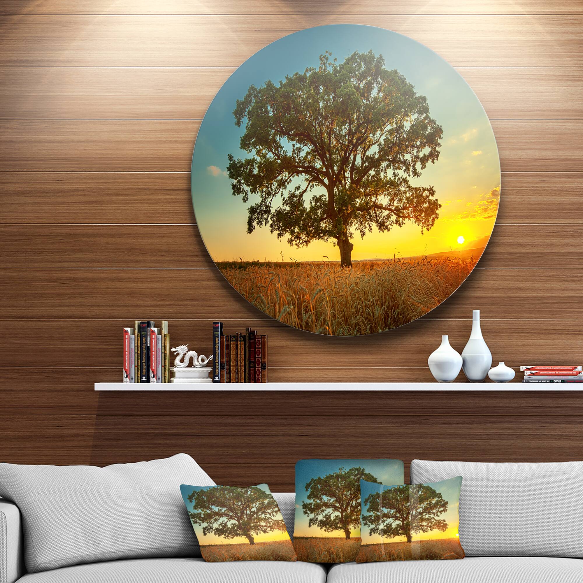 Designart - Big Green Tree in Summer Field' Trees Metal Circle Wall Art