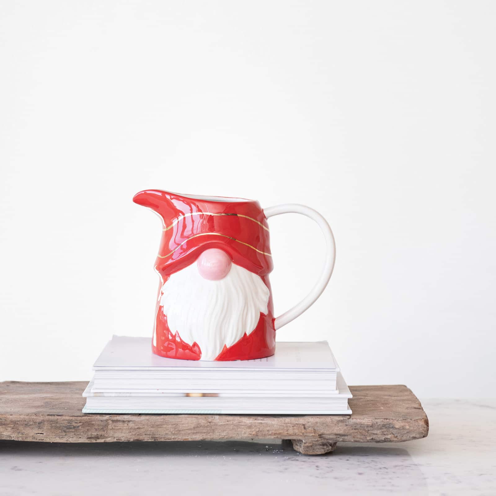 Hello Honey® 1qt. Red & White Ceramic Gnome Pitcher with Gold Electroplating