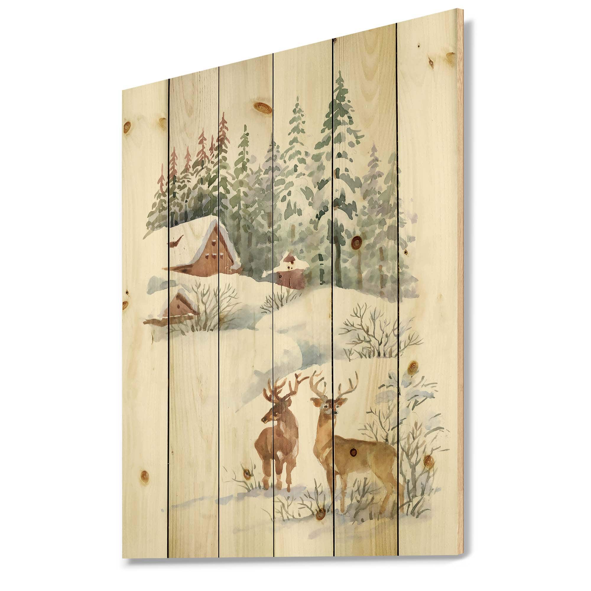 Designart - Winter Cottage With Two Deers - Farmhouse Print on Natural Pine Wood