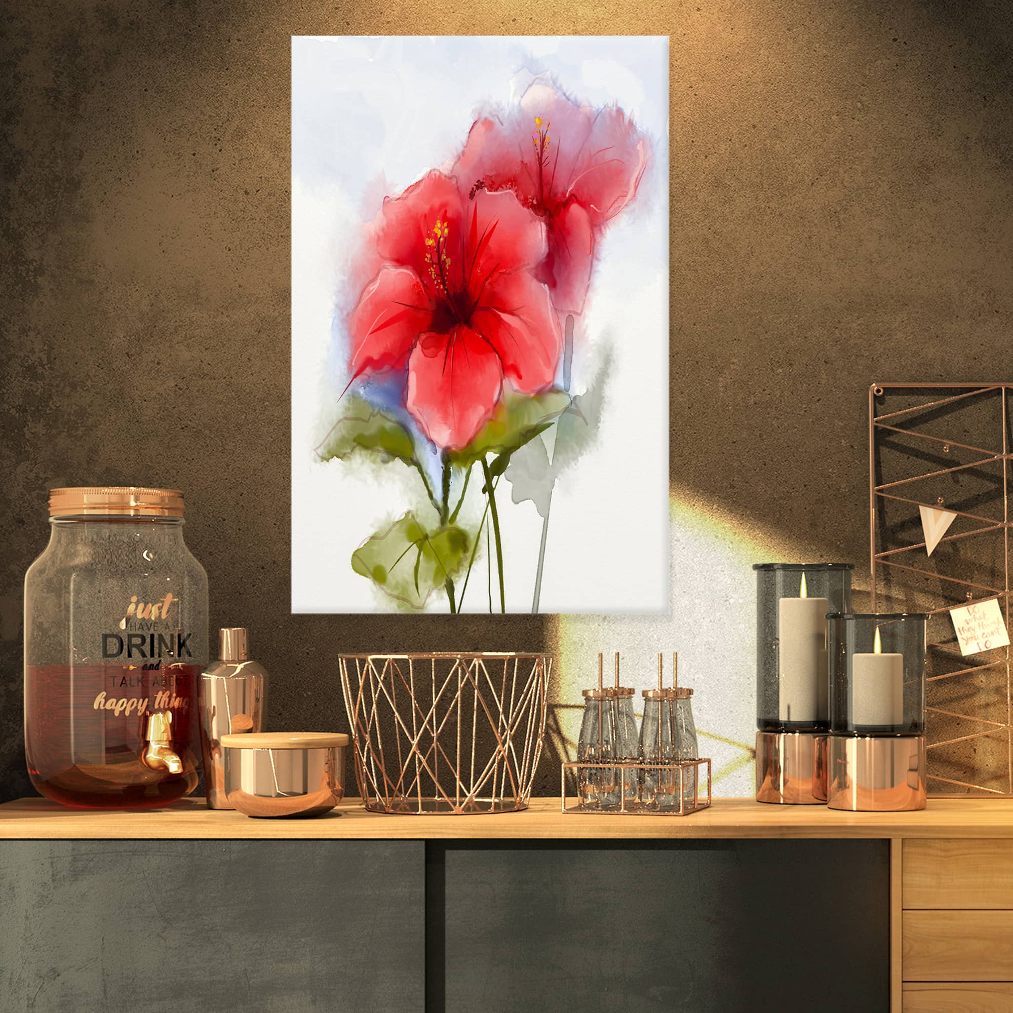 Designart - Watercolor Painting Red Hibiscus Flower - Large Floral Canvas Art Print
