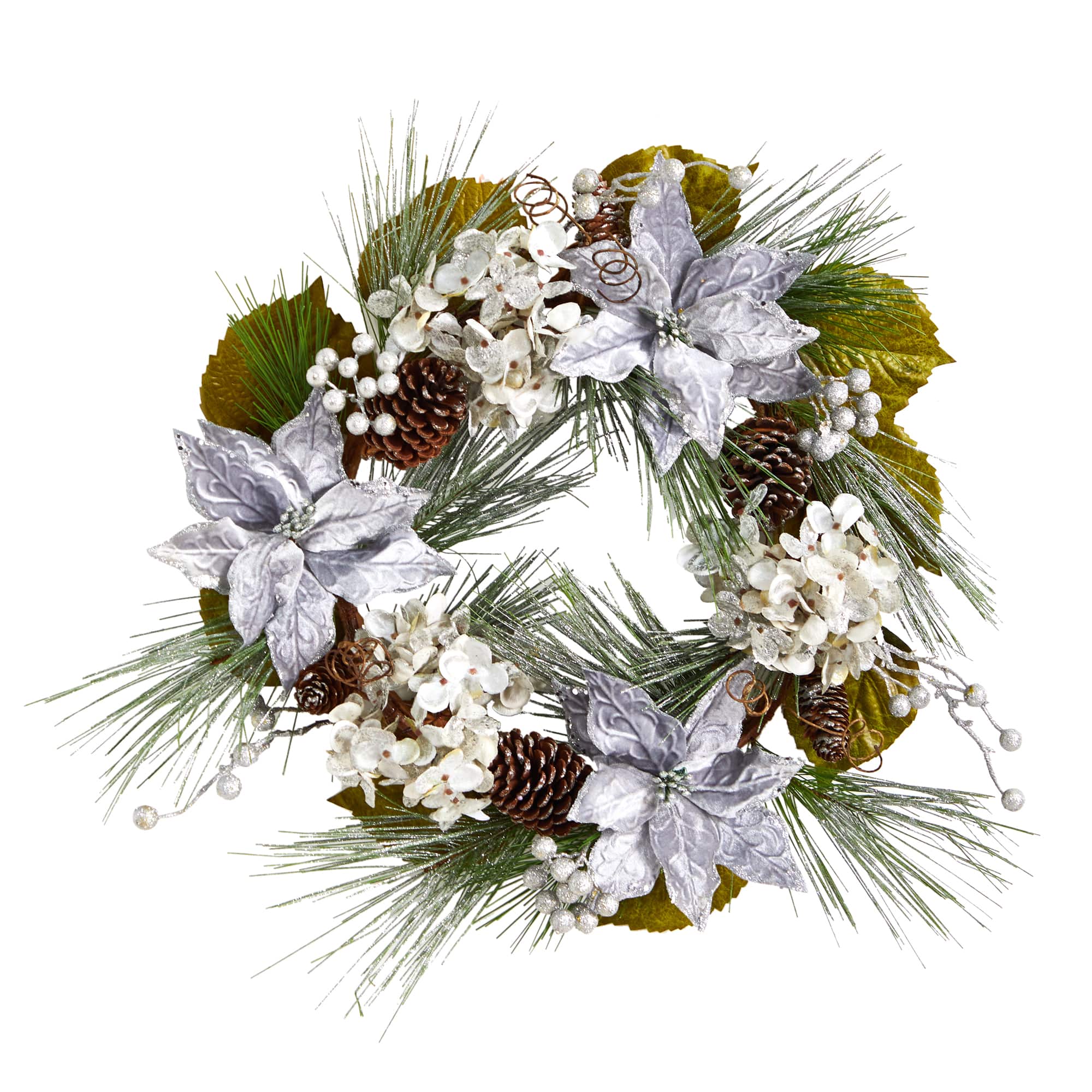 24" Silver Poinsettia, Hydrangea & Pinecones Artificial Christmas Wreath
