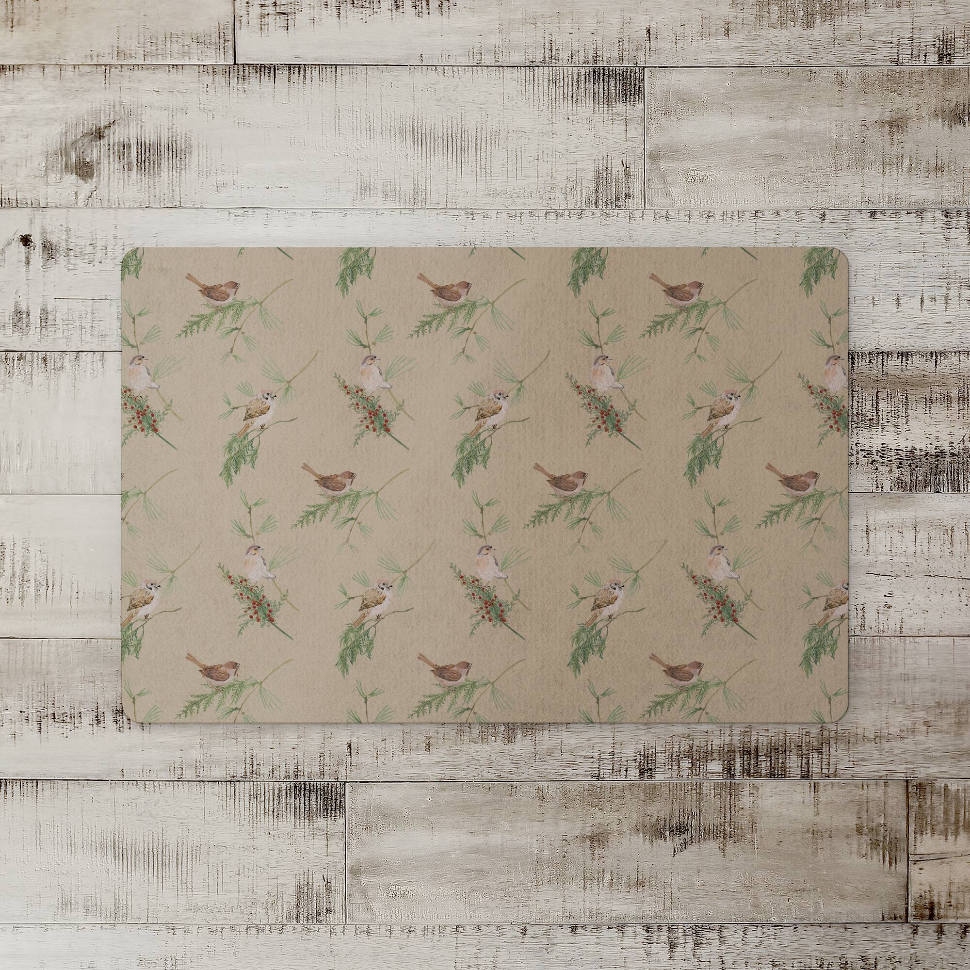 Pine & Birds on Brown Floor Mat