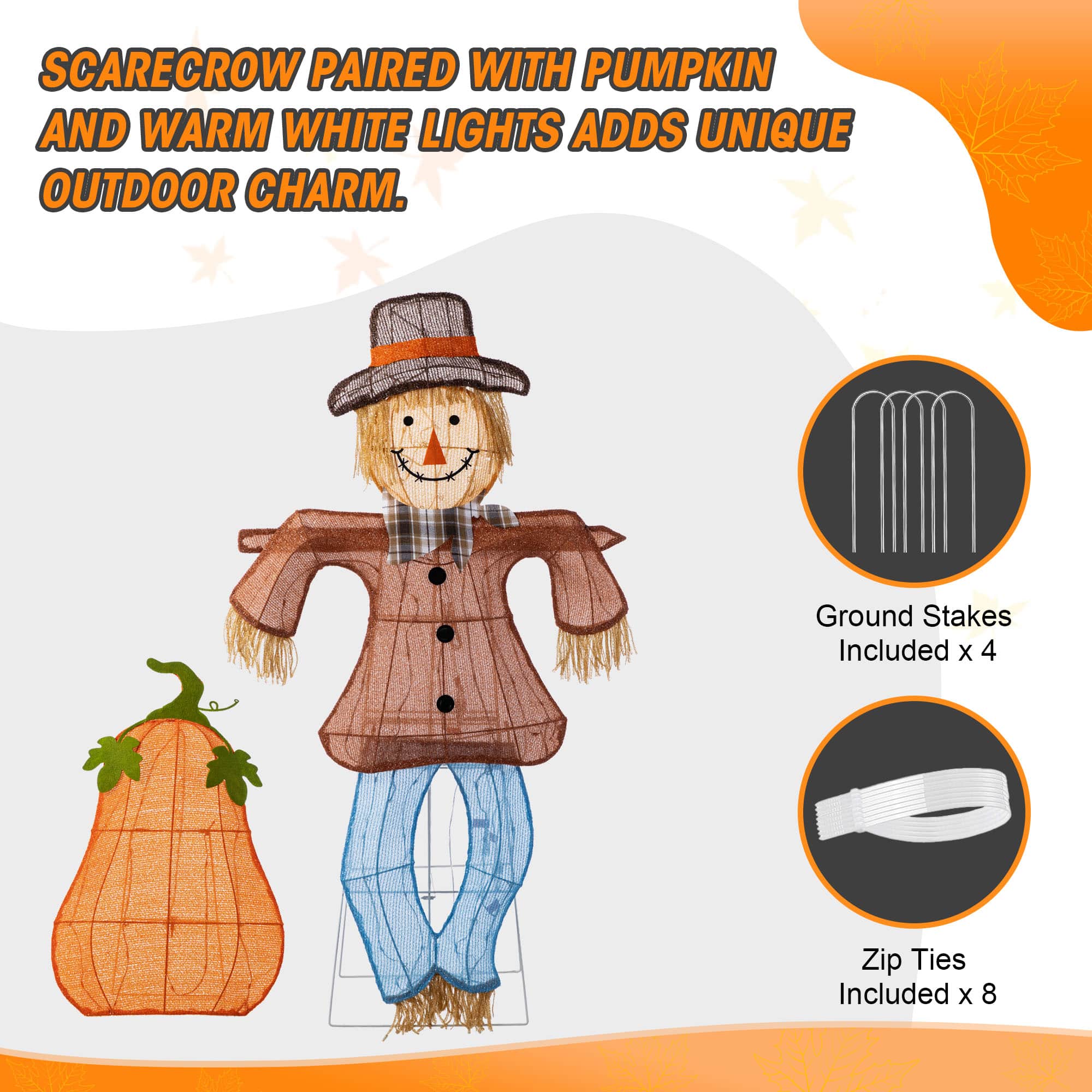 Glitzhome® Lighted Fall Scarecrow & Pumpkin Outdoor Decor with Warm White LED Lights Set