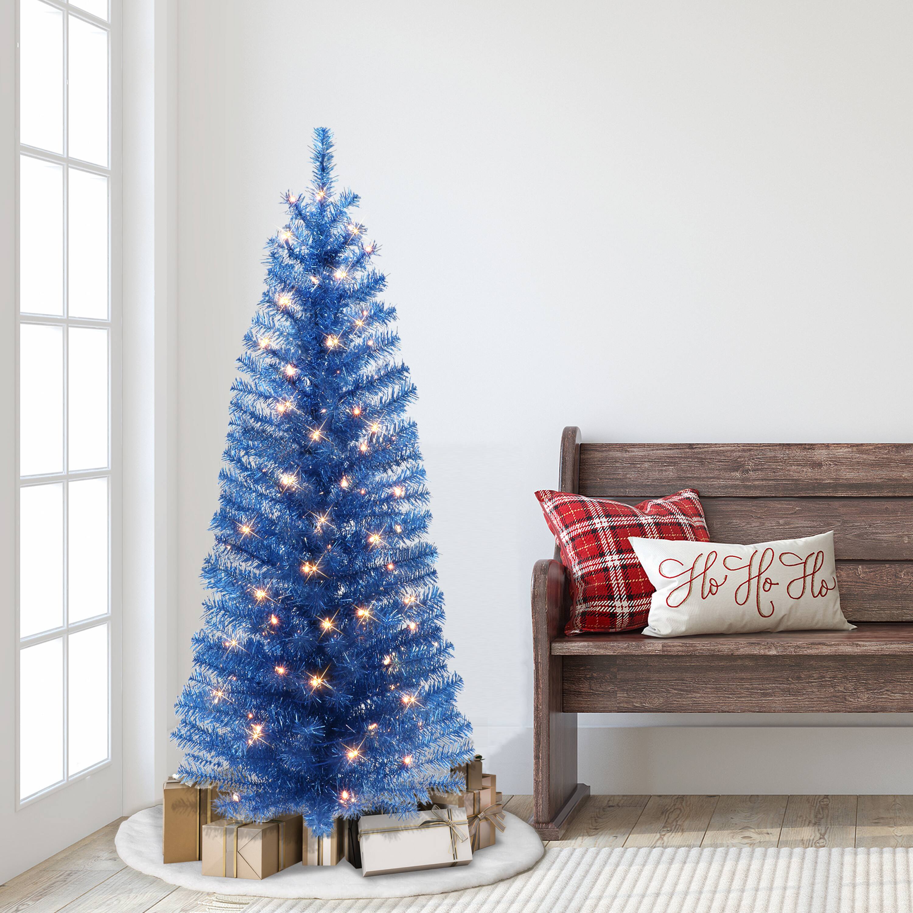 6 Pack: 4.5ft. Pre-Lit Blue Tinsel Artificial Christmas Tree, Clear Lights