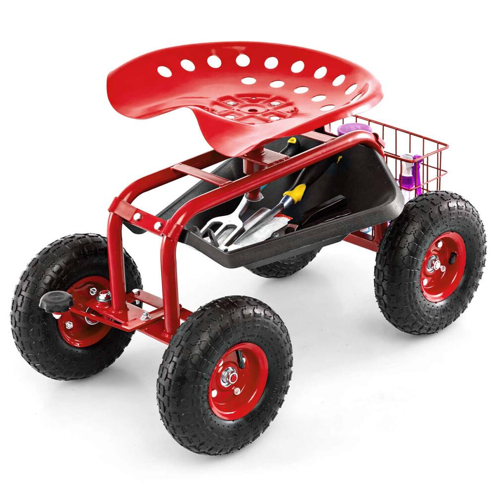 Costway Garden Cart Patio Wagon Rolling Work Seat with Tool Tray Basket