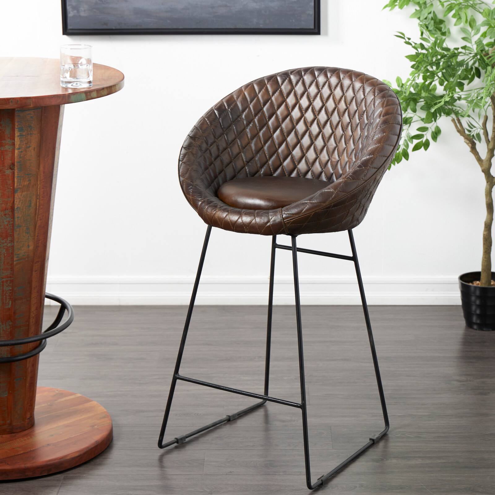 41.5" Leather Round Diamond Tufted Bar Stool with High Back