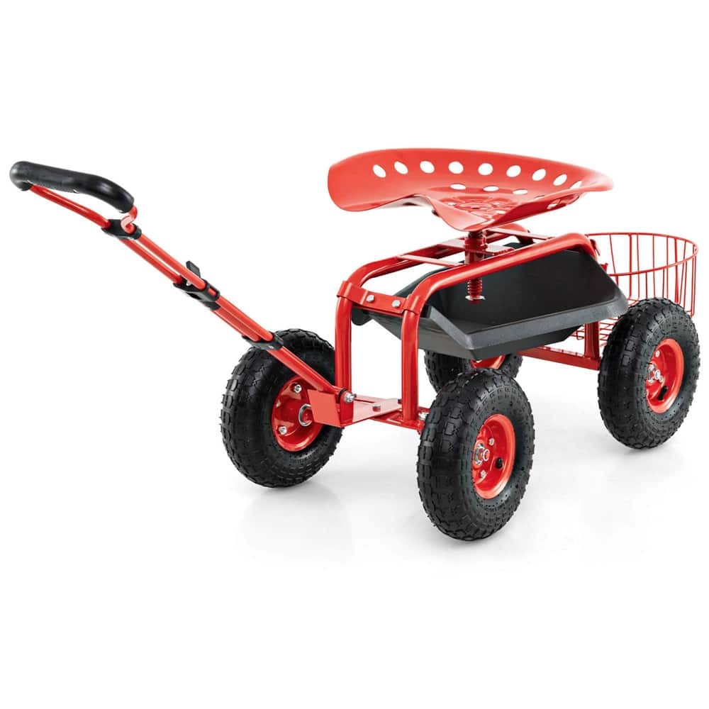 Costway Garden Cart Patio Wagon Roll Work Seat with Tray Basket Extendable Handle