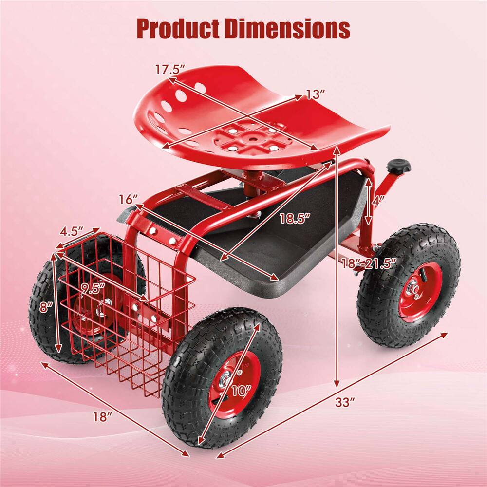 Costway Garden Cart Patio Wagon Rolling Work Seat with Tool Tray Basket