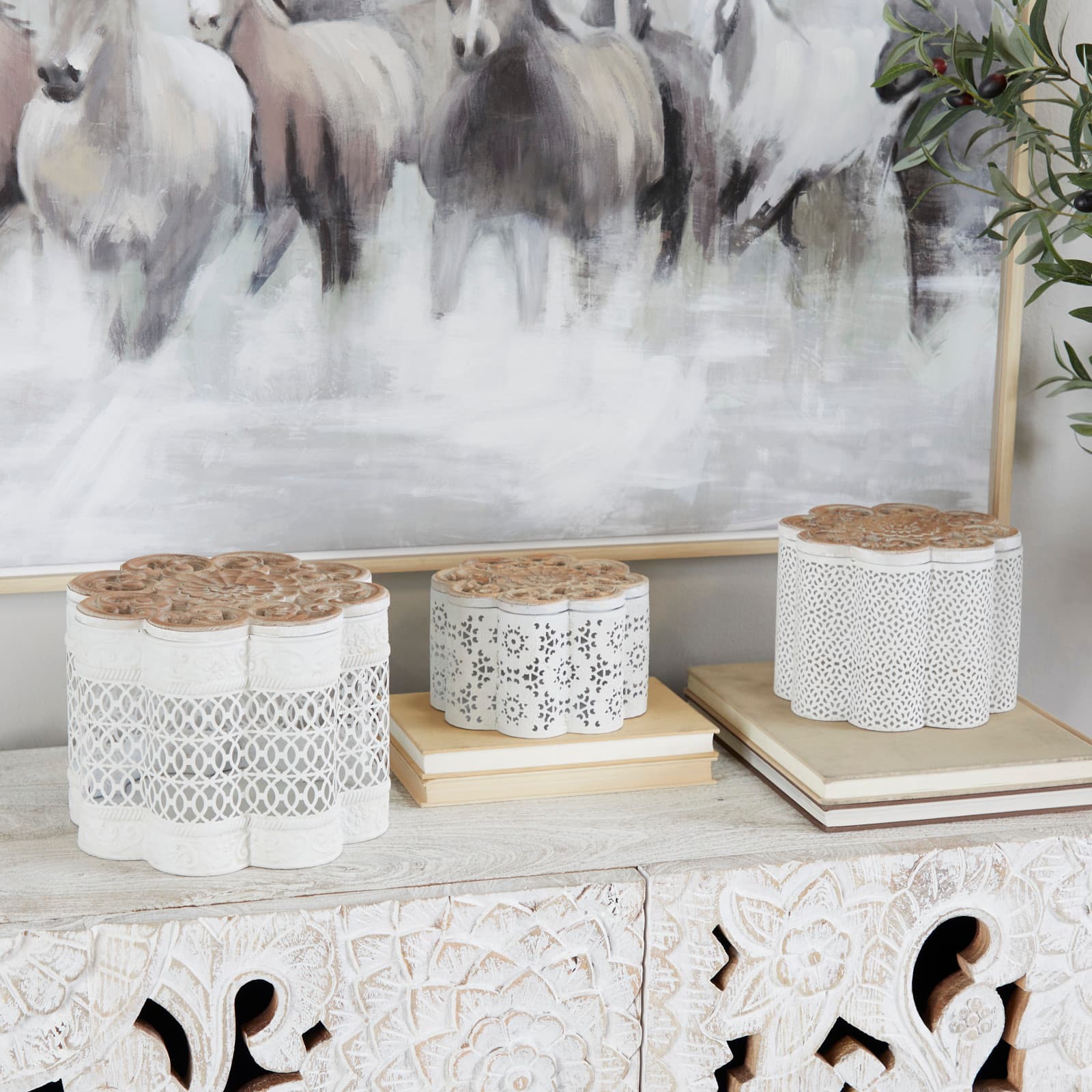 White Metal Quatrefoil Decorative Jars with Wood Carved Lids Set