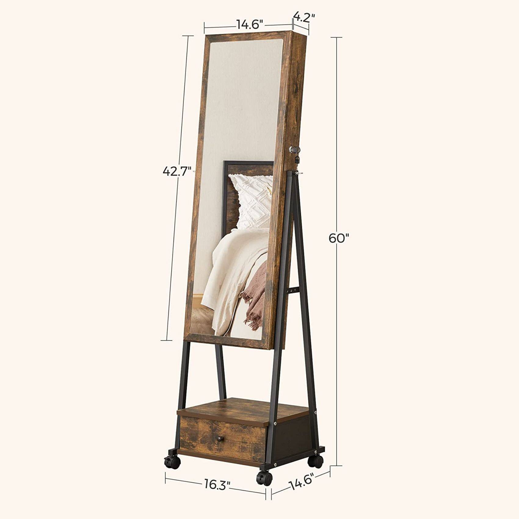 NEX™ 5ft. Burnt Wood Brown Jewelry Armoire on Casters with Chest Drawer