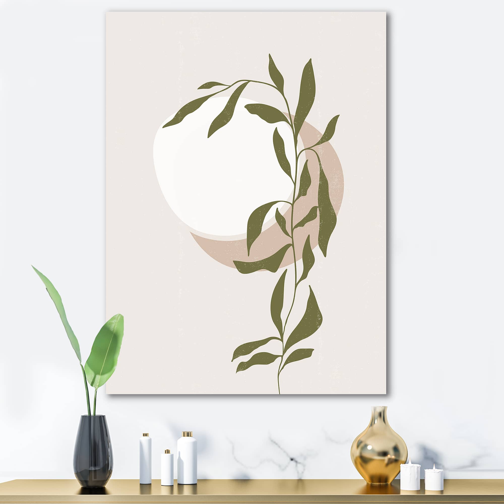 Designart - Abstract Sun and Moon With Green Leaf III - Modern Canvas Wall Art Print