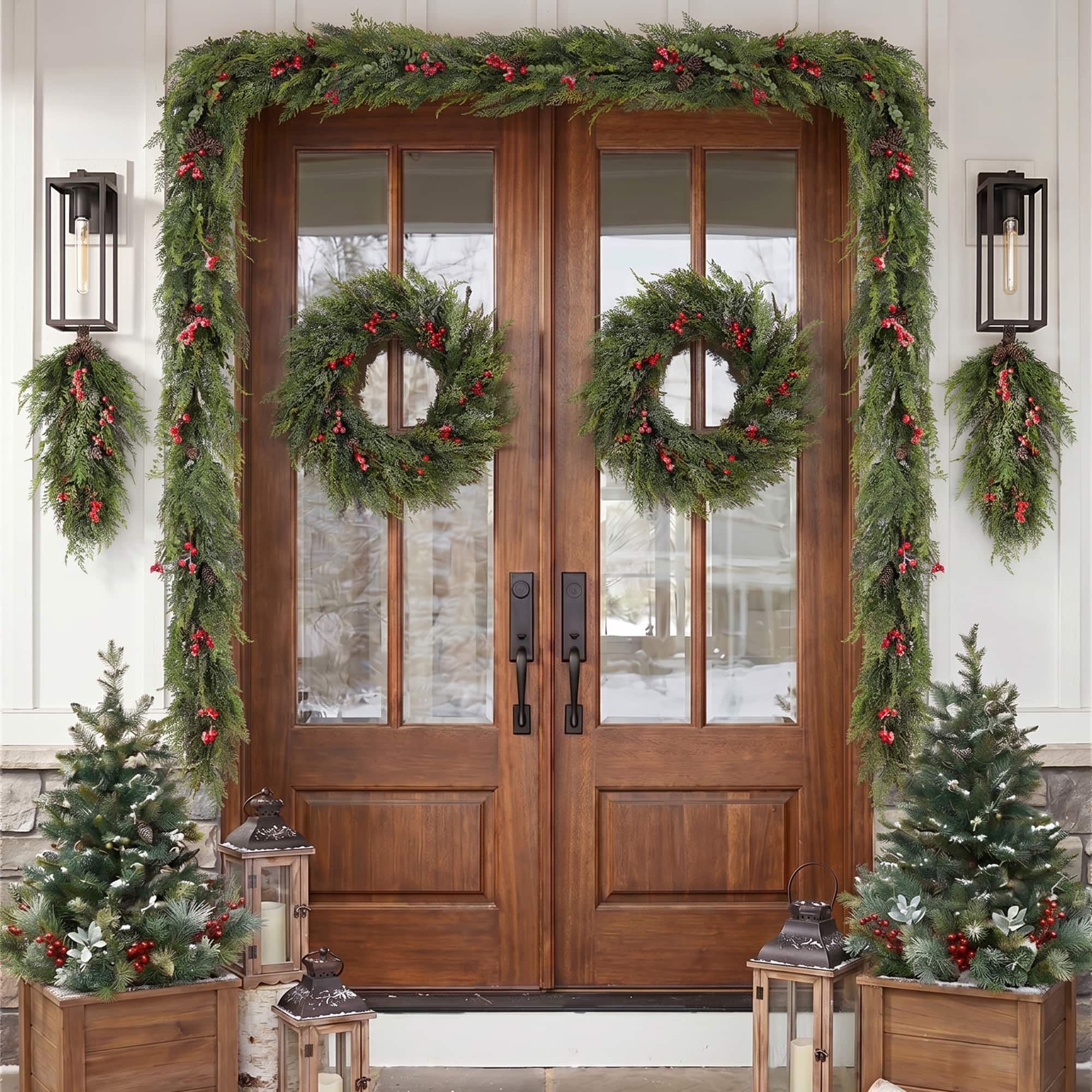 Glitzhome® 9ft. Christmas Greenery Frosted PE Dripping Garland with Pinecones & Red Berries, Set of 2