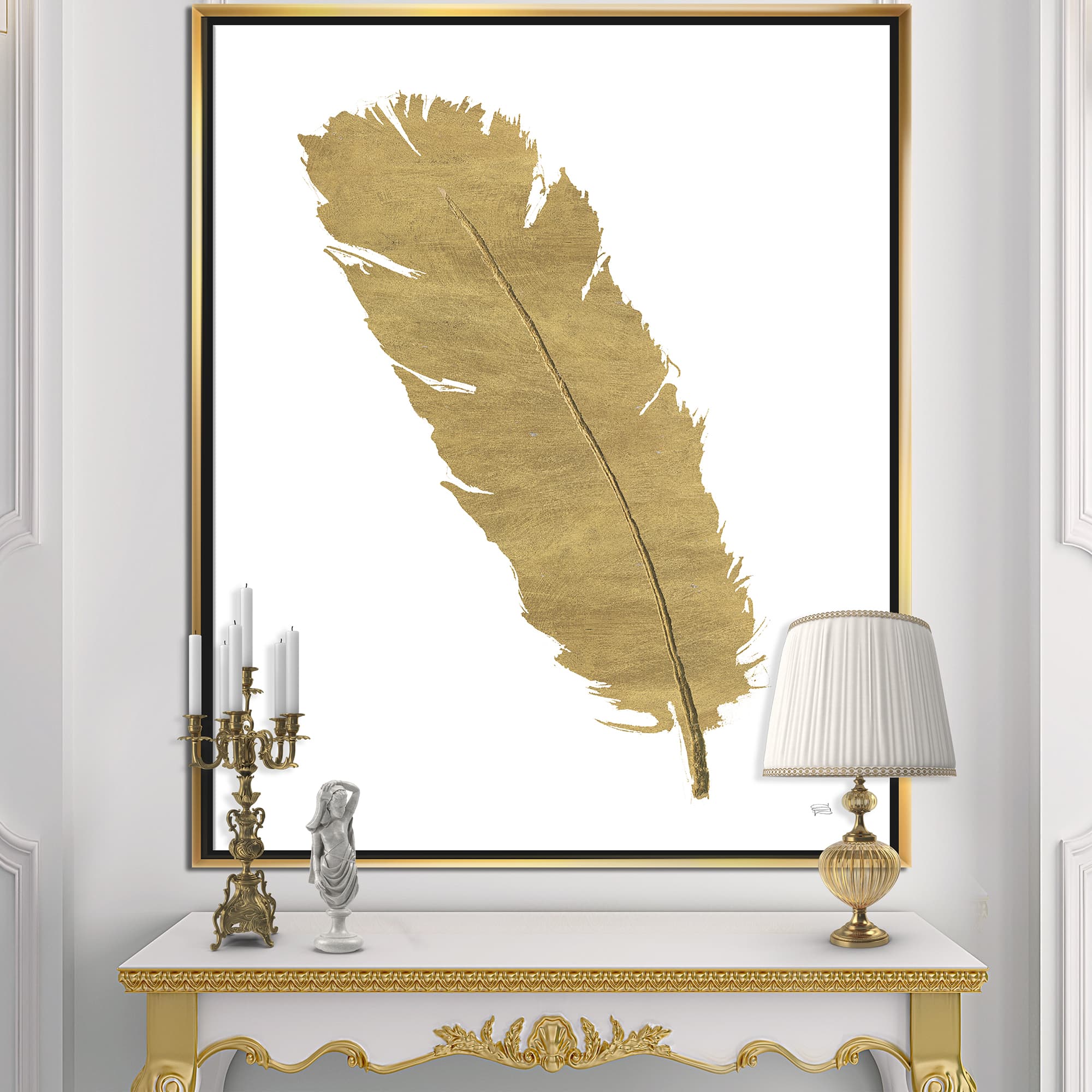 Designart - Glam pure Gold Feather II - Glam Canvas in Gold Frame