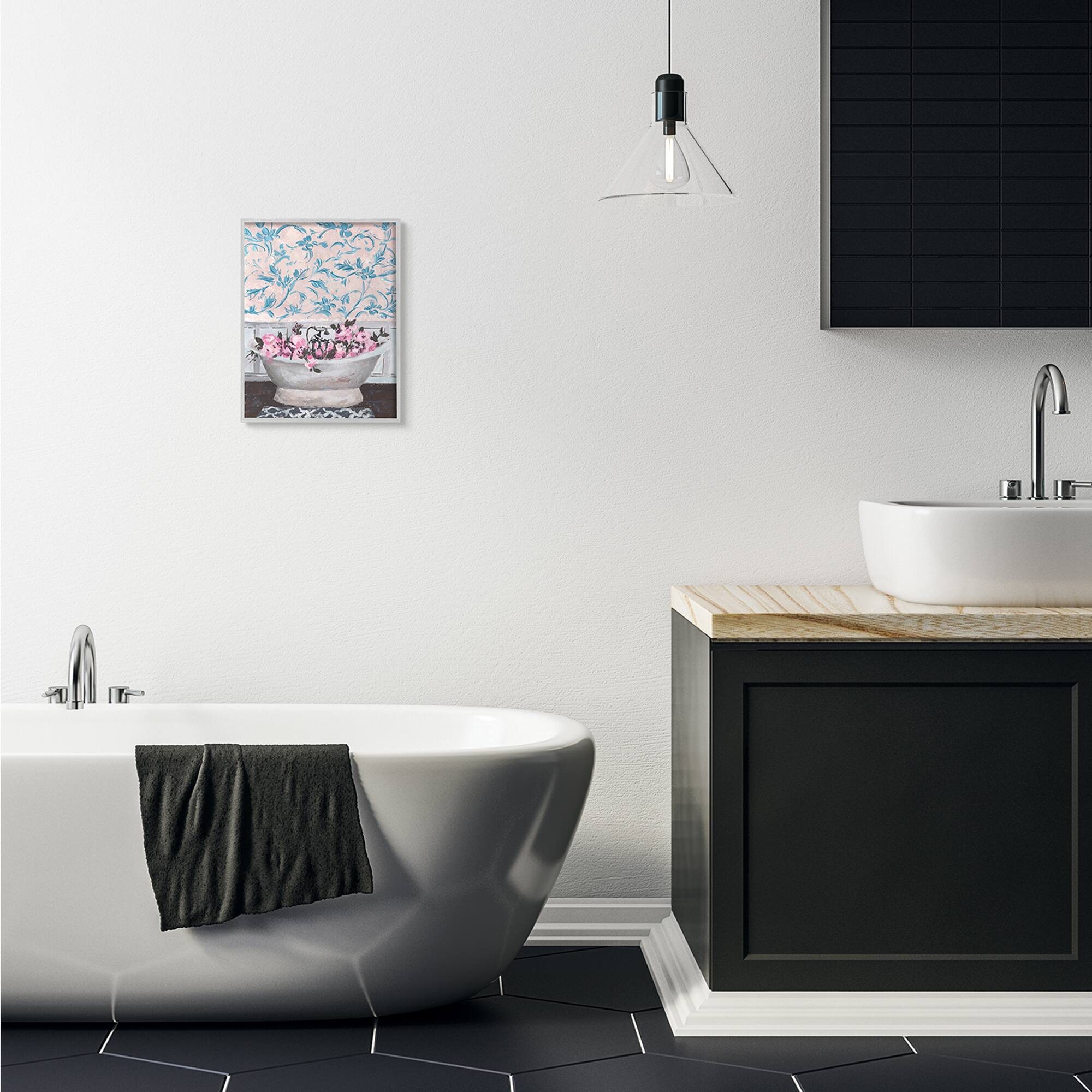 Stupell Industries Flowers In Bath Tub Pink Wall Art in Gray Frame