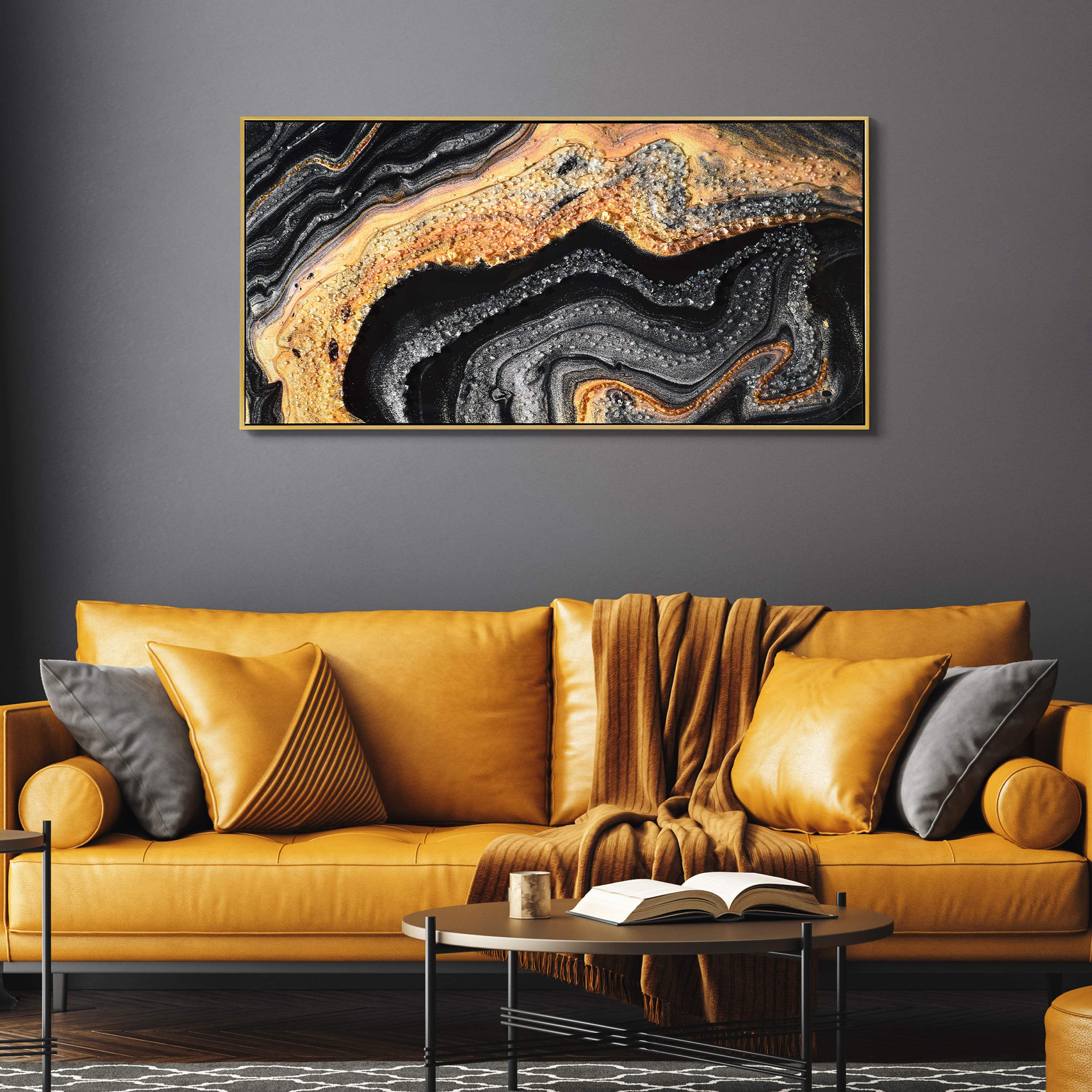 Empire Art Direct Arte De Crystallus 24" x 48" Golden Veins IV Epoxy Coated Wrapped Framed Glossy Abstract Canvas Wall Art