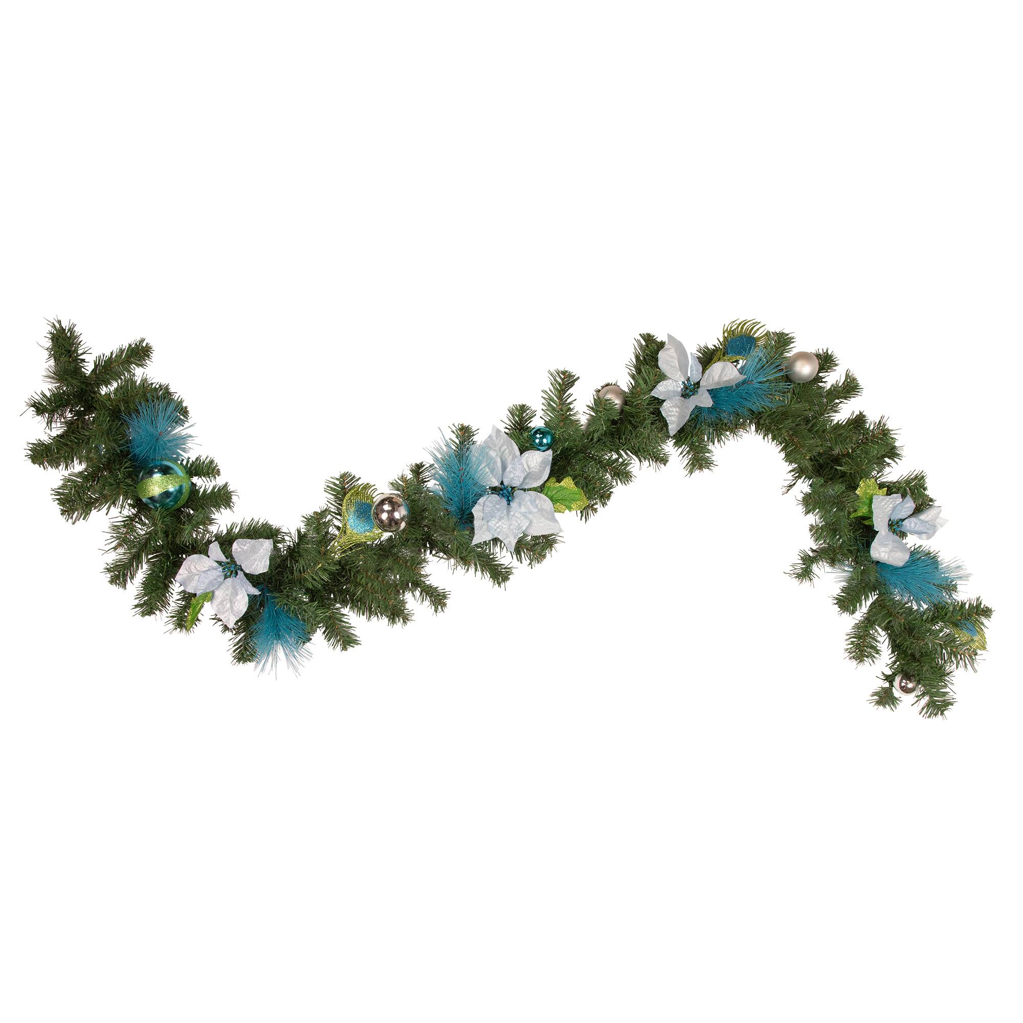 Pre-Decorated Peacock Feathers & Poinsettias Artificial Garland, Unlit