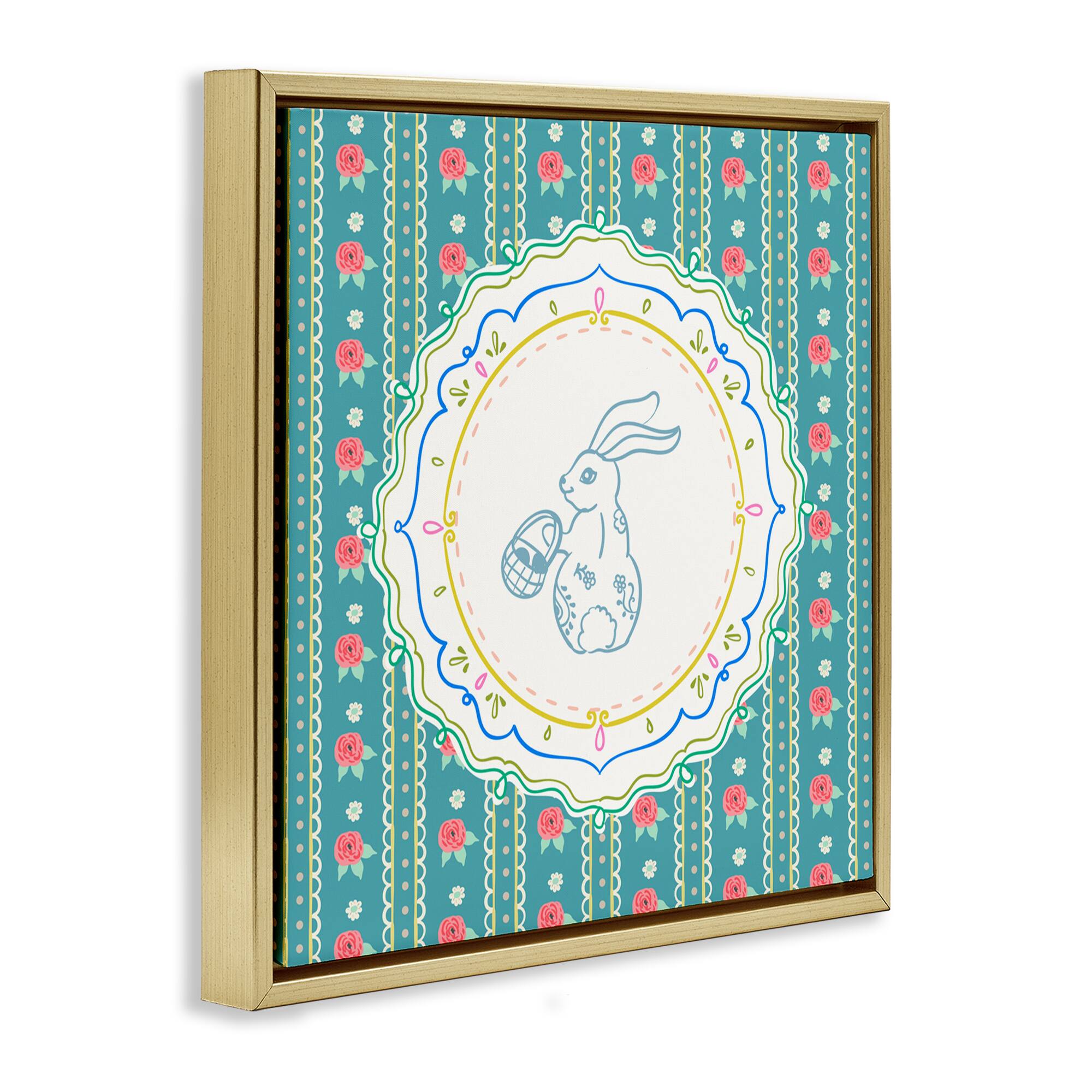 Stupell Industries Flower Stripes Pattern Bunny Floating Frame Wall Art