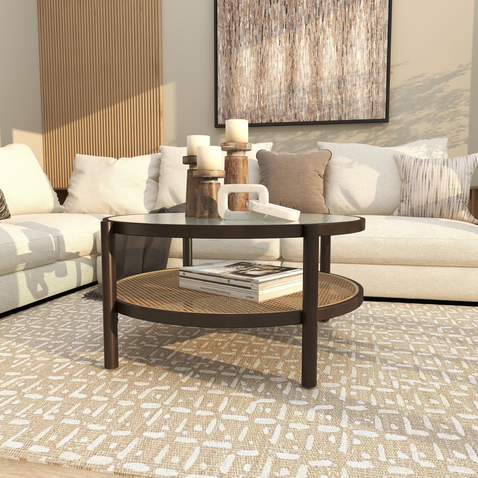 34" Brown Rattan Coffee Table with Pressed Tempered Glass Top