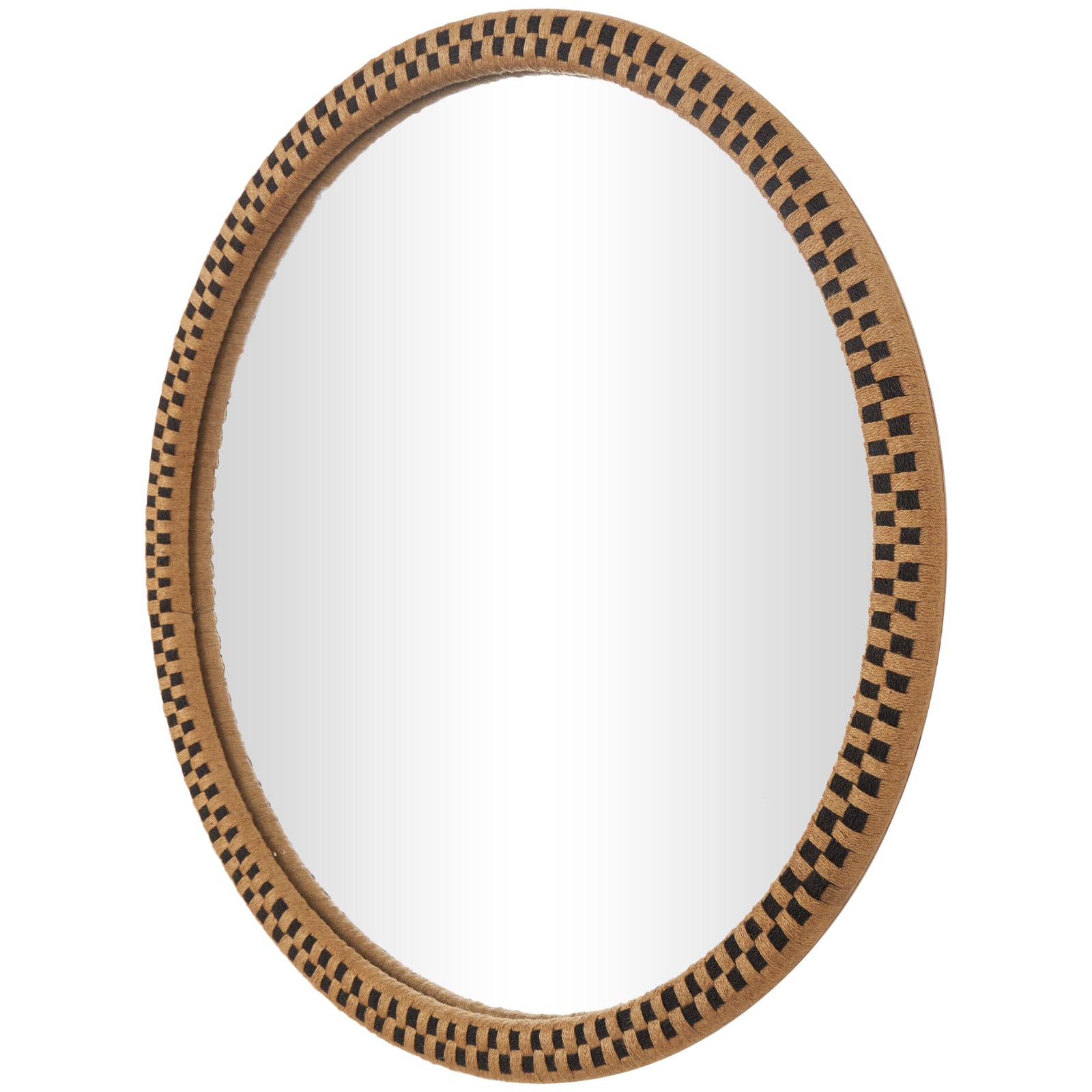 Woven Checkered Rattan Framed Round Wall Mirror