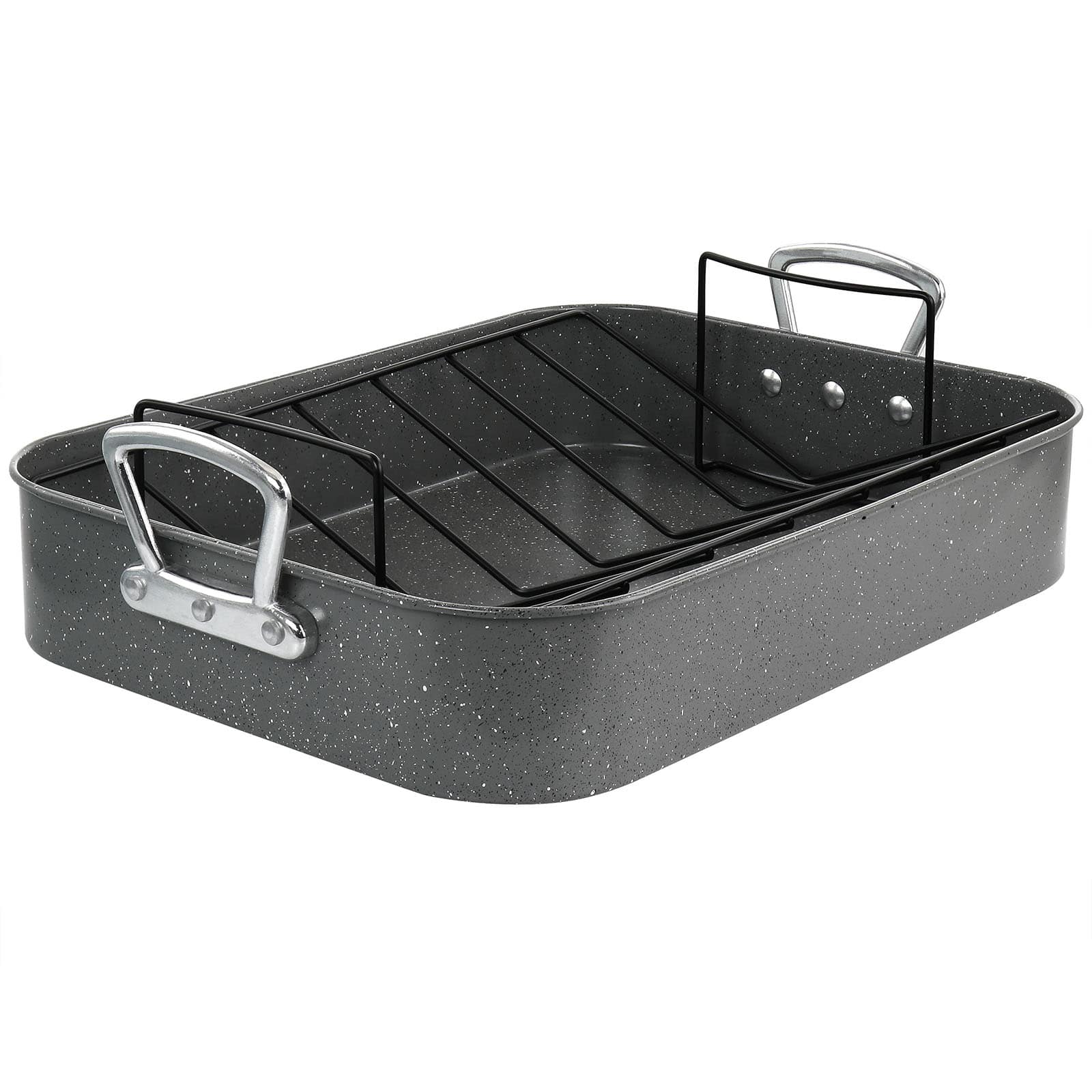 Gibson® Greystone 16.25'' Speckled Gray Carbon Steel Turkey Roaster Set