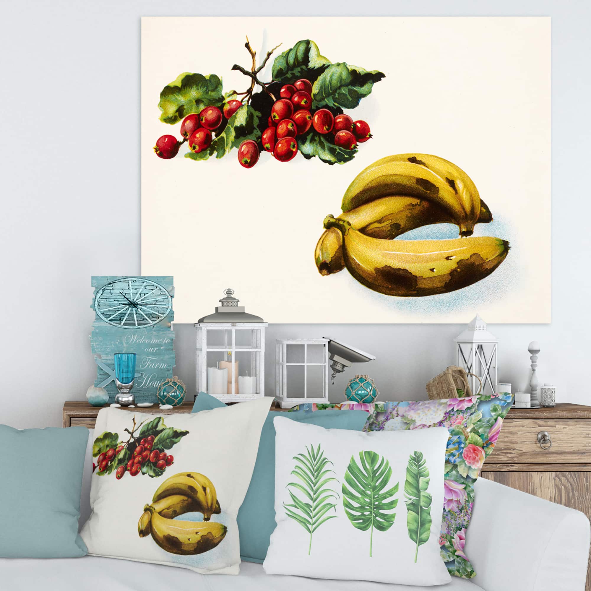 Designart - Banana and Red Berries - Farmhouse Canvas Wall Art Print