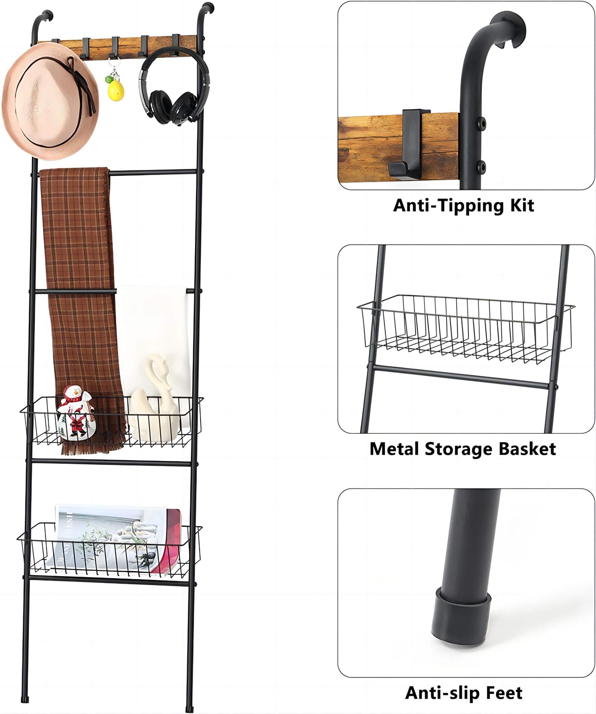 NEX™ 64" Black Blanket Ladder Leaning Towel Holder with 2 Metal Baskets