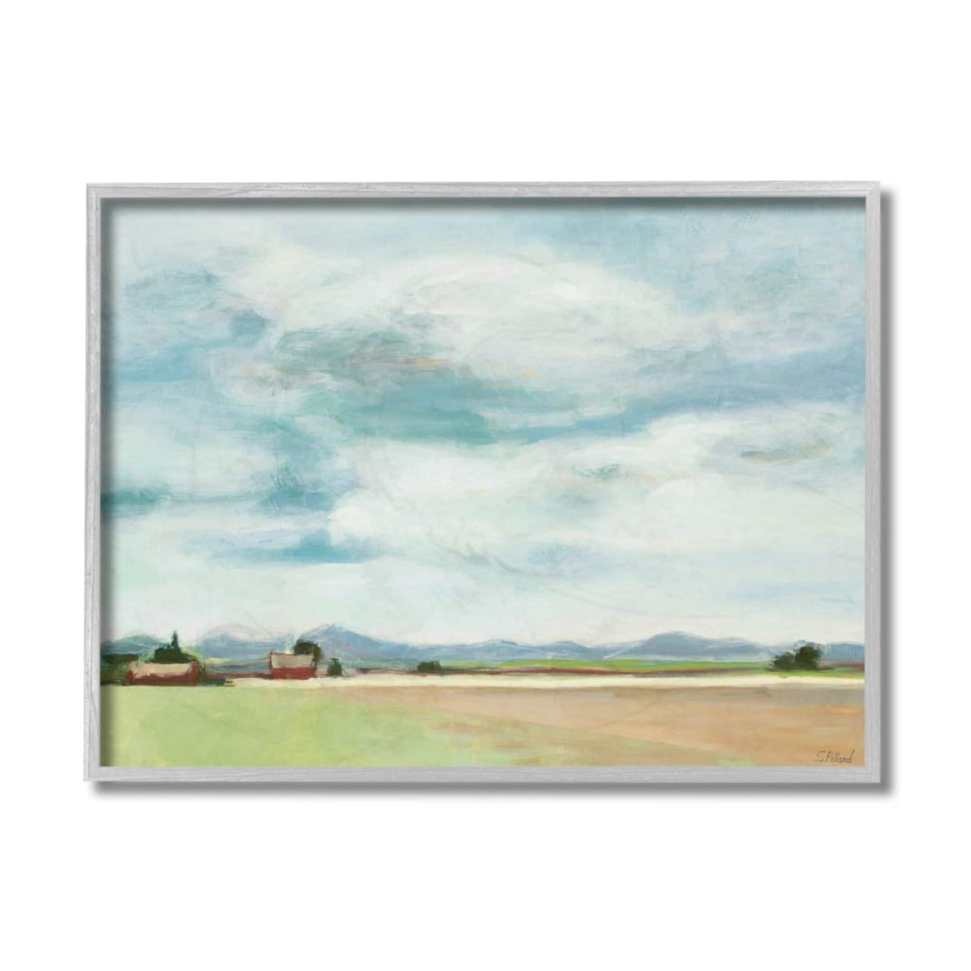 Stupell Industries Red Barn Farm Landscape Soft Blue Sky Framed Wall Art