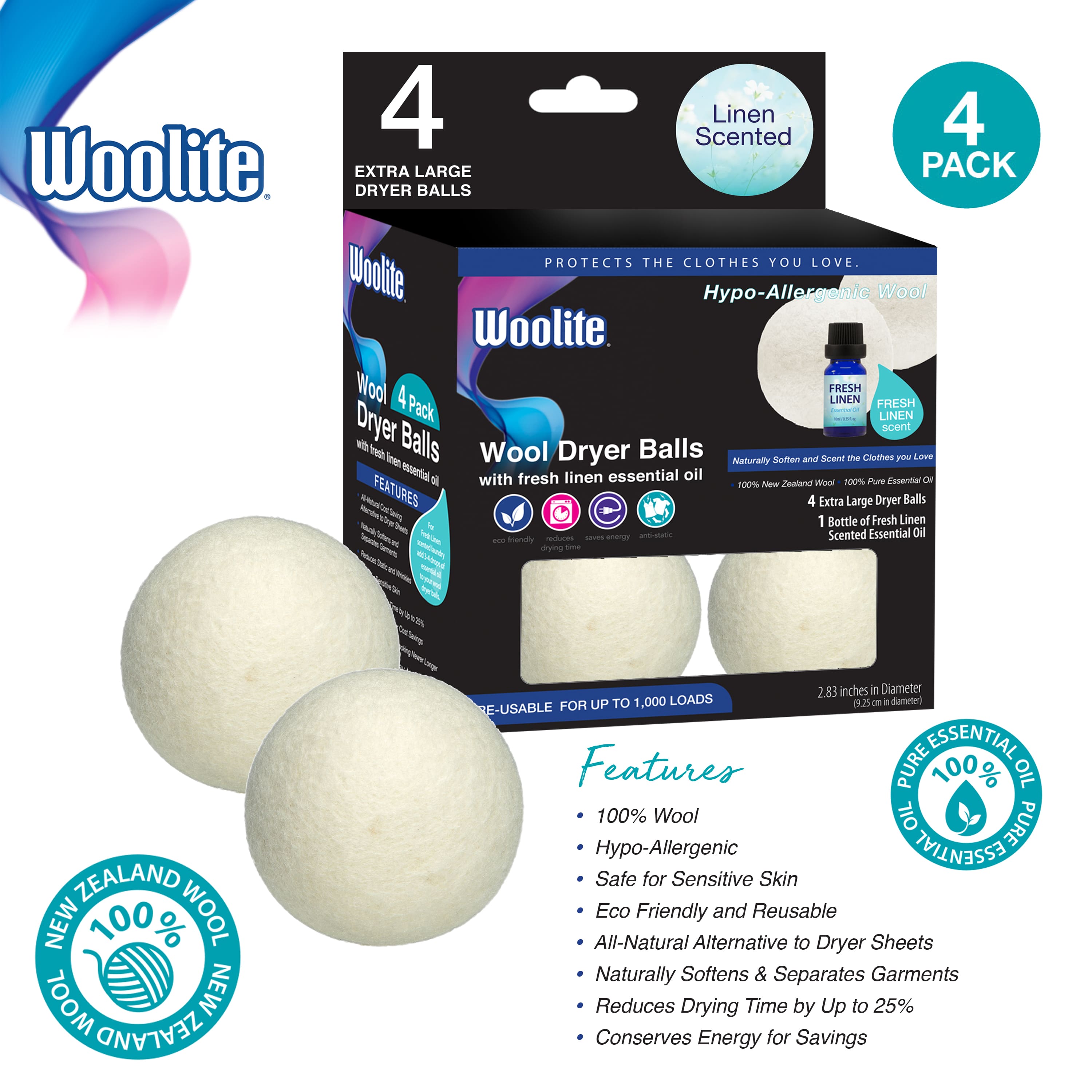 Woolite® Wool Dryer Balls and Fresh Linen Essential Oil Kit