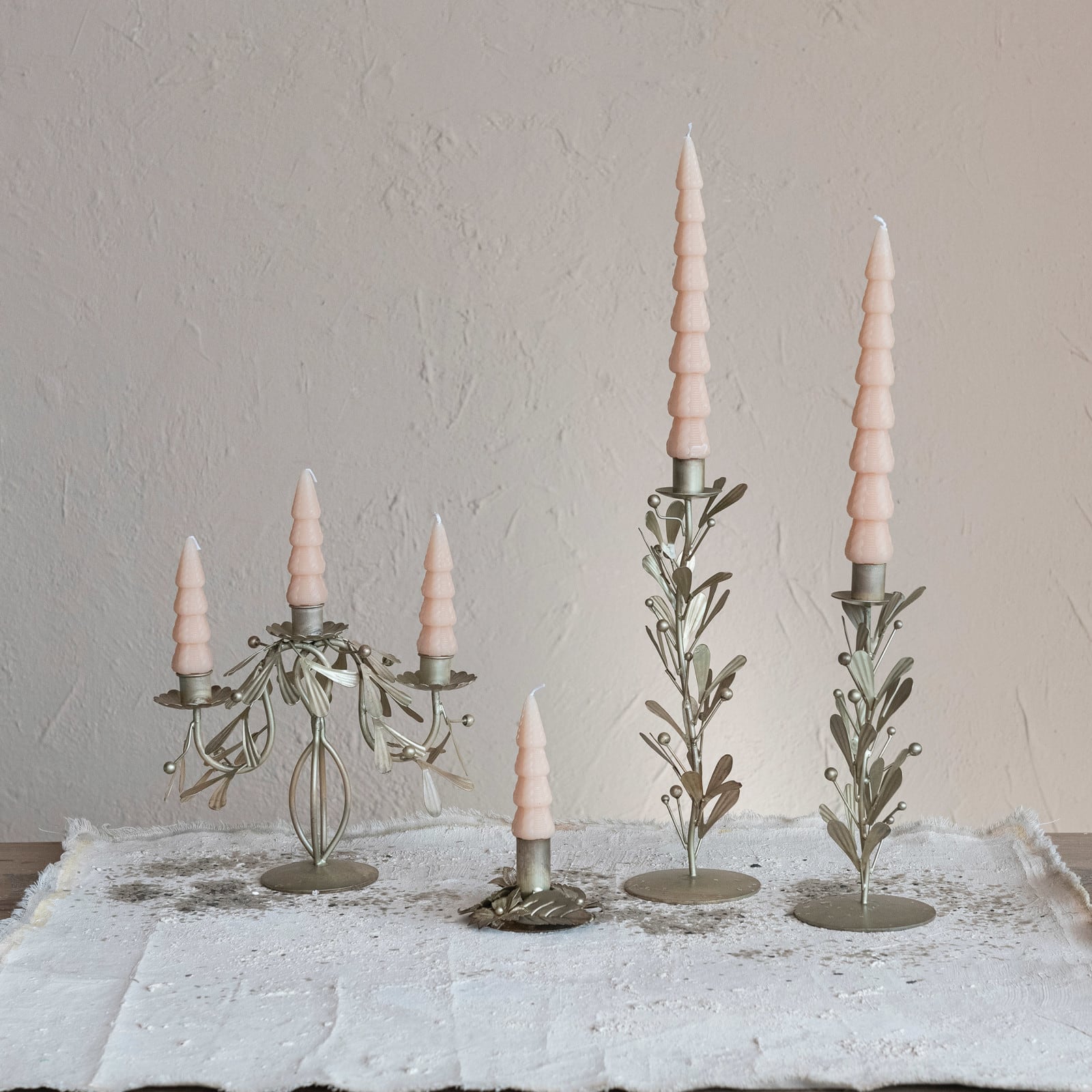 Hello Honey® 12.5" Distressed Pewter Finish Metal Taper Candleholder with Leaves & Berries
