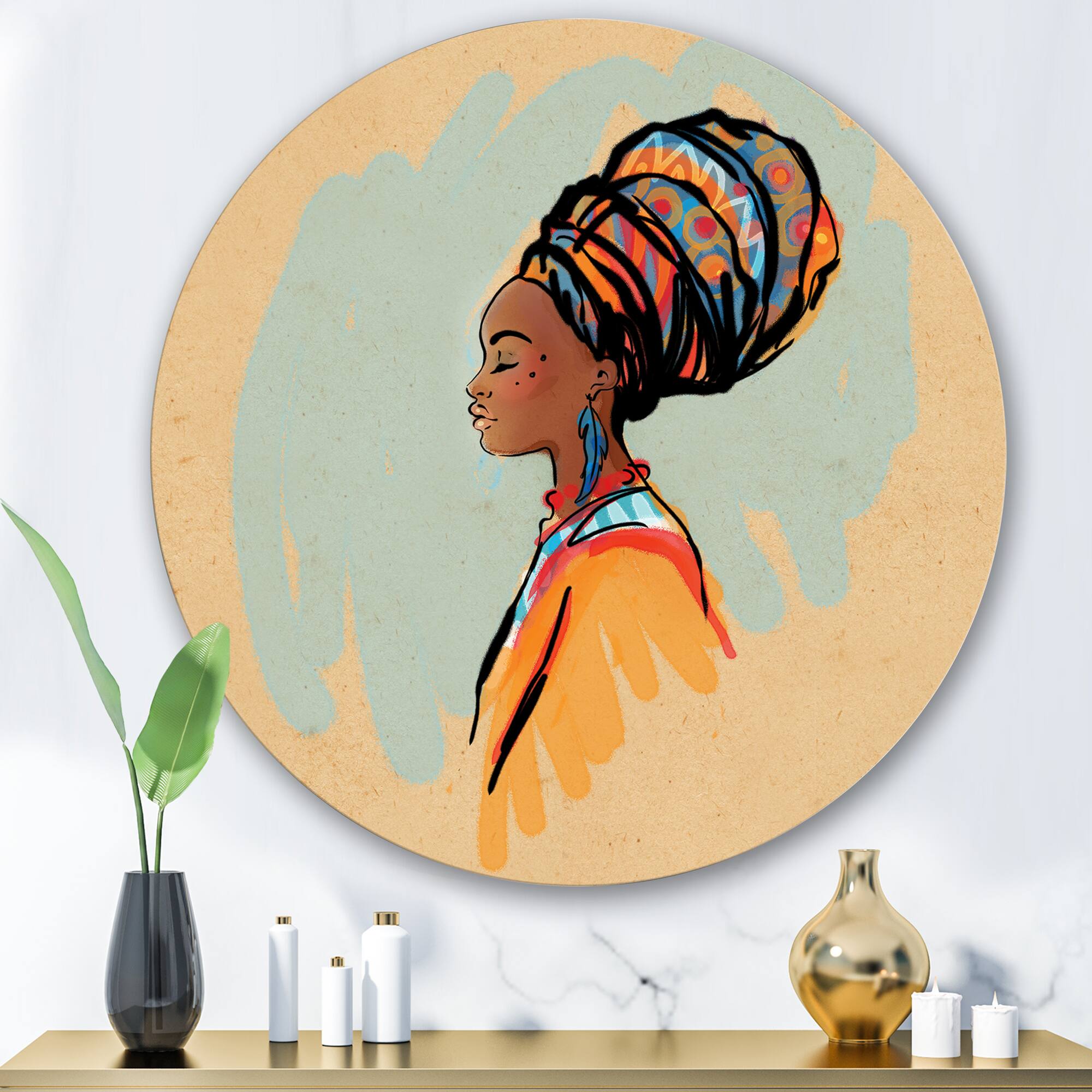 Designart - Portrait of Afro American Woman With Turban II - Modern Metal Circle Wall Art
