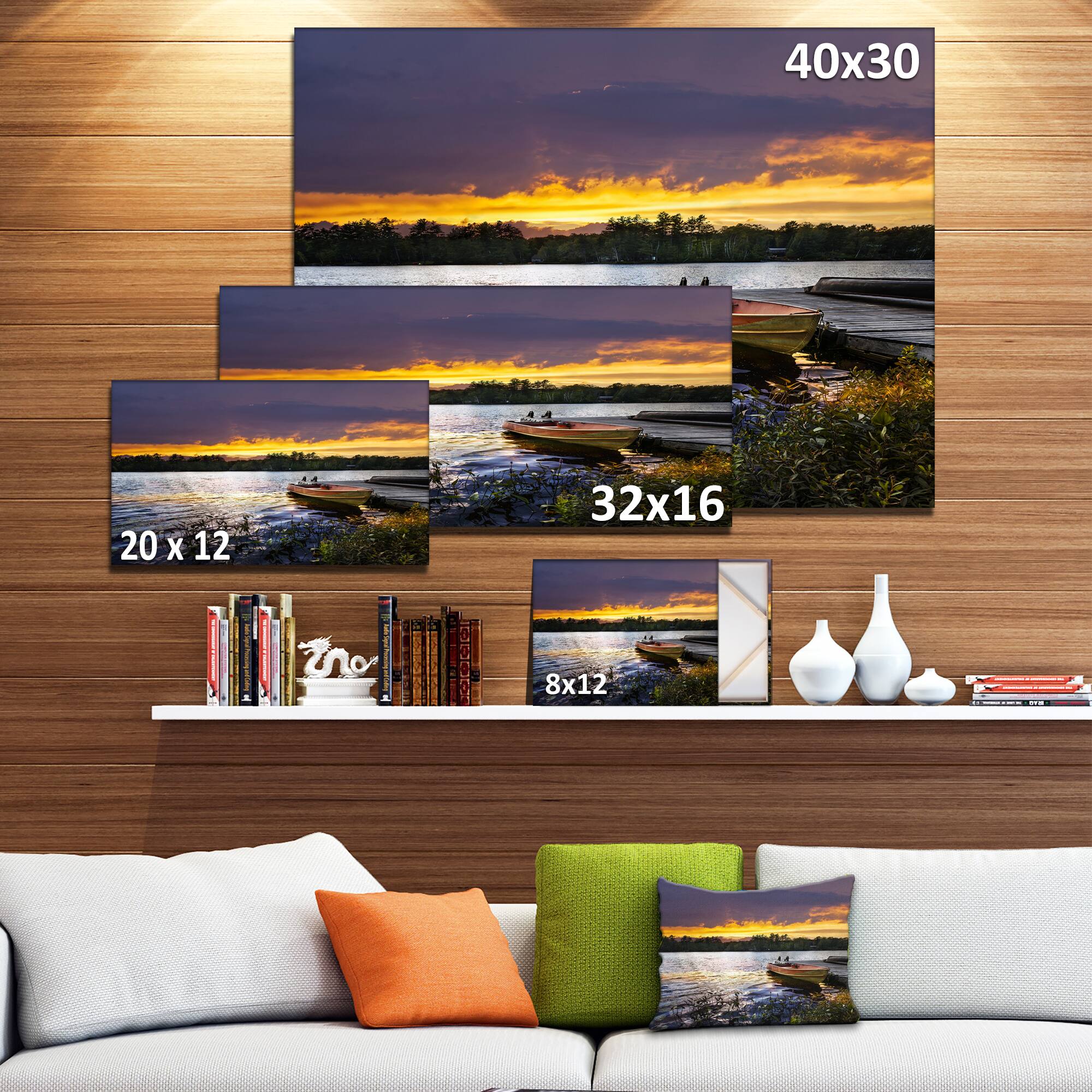 Designart - Boat Docked in Lake at Sunset