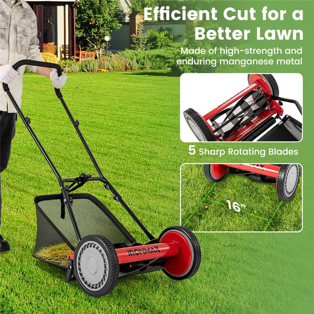 Costway Ironmax Red & Black Push Lawn Mower with 5-Blade Removable Grass Catcher